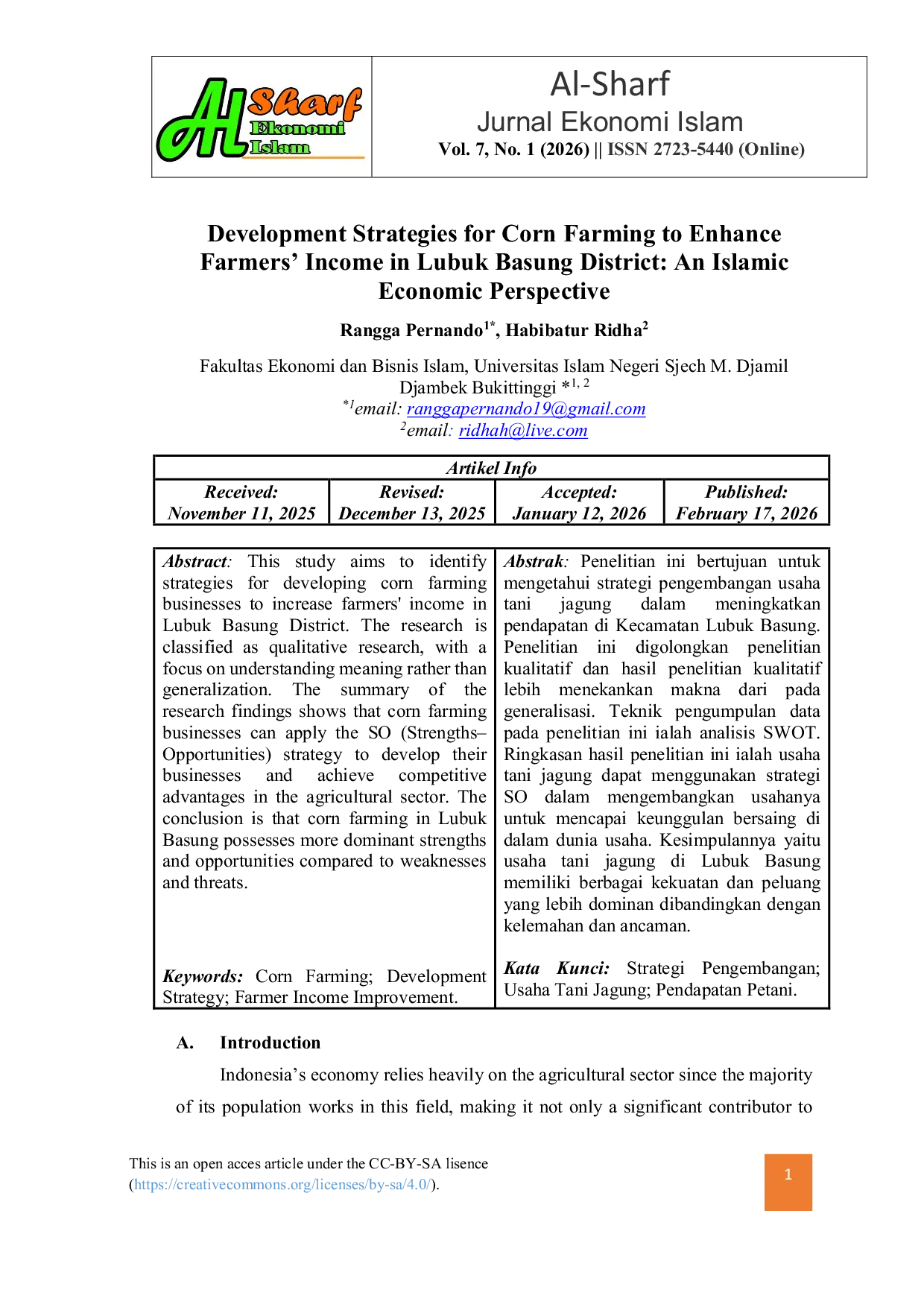 JURIS Development Strategies for Corn Farming to Enhance Farmers Income in Lubuk Basung District An Islamic Economic Perspective