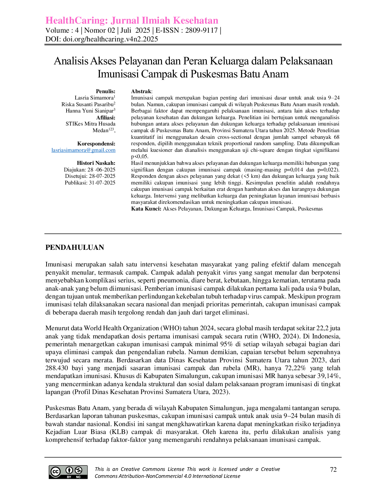 JURIS Analisis Akses Pelayanan dan Peran Keluarga dalam Pelaksanaan Imunisasi Campak di Puskesmas Batu Anam