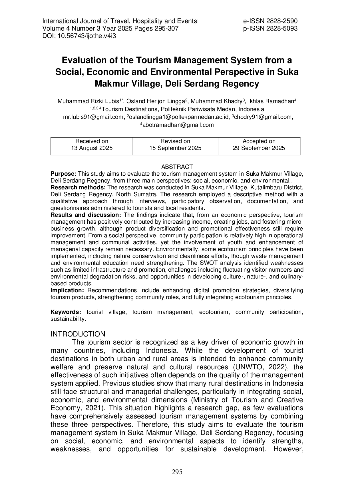 JURIS Evaluation of the Tourism Management System from a Social Economic and Environmental Perspective in Suka Makmur Village Deli Serdang Regency