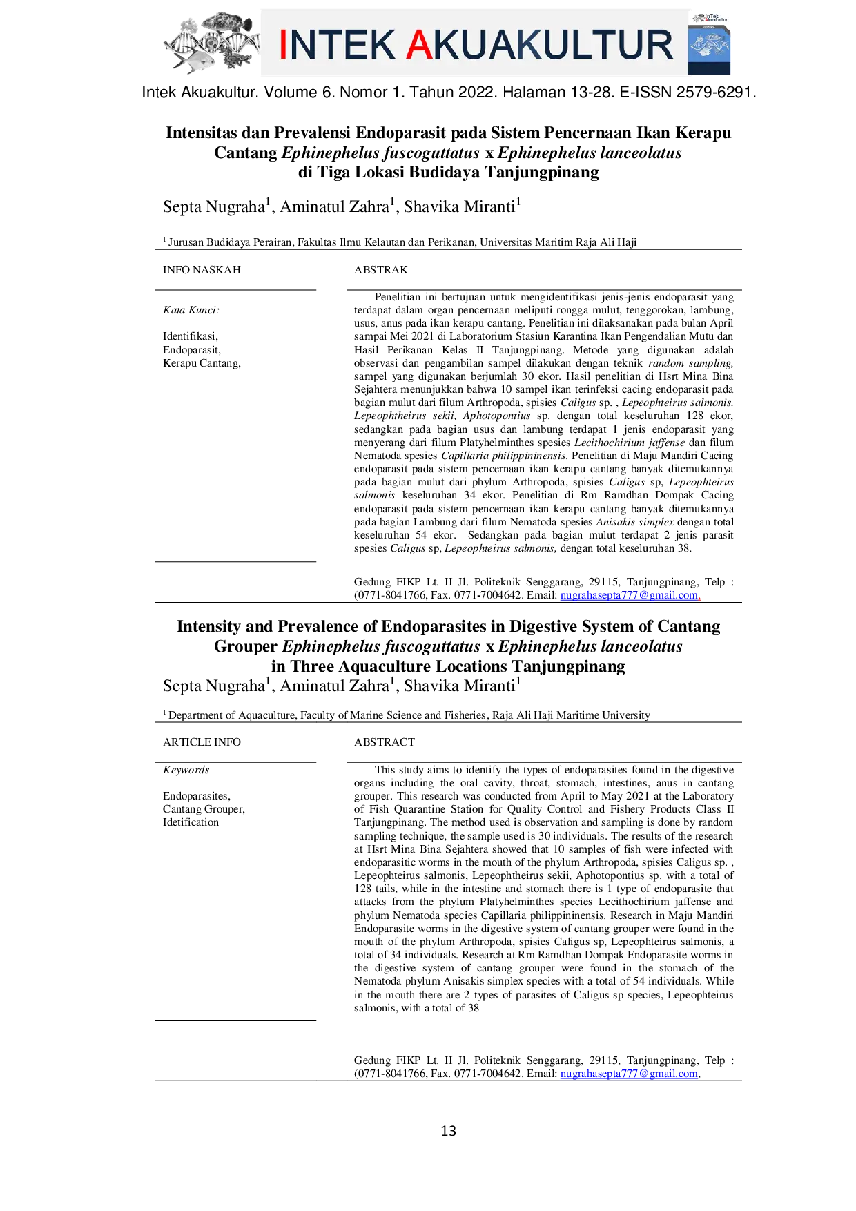JURIS Intensitas dan Prevalensi Endoparasit pada Sistem Pencernaan Ikan Kerapu Cantang Ephinephelus fuscoguttatus x Ephinephelus lanceolatus di Tiga Lokasi Budidaya Tanjungpinang