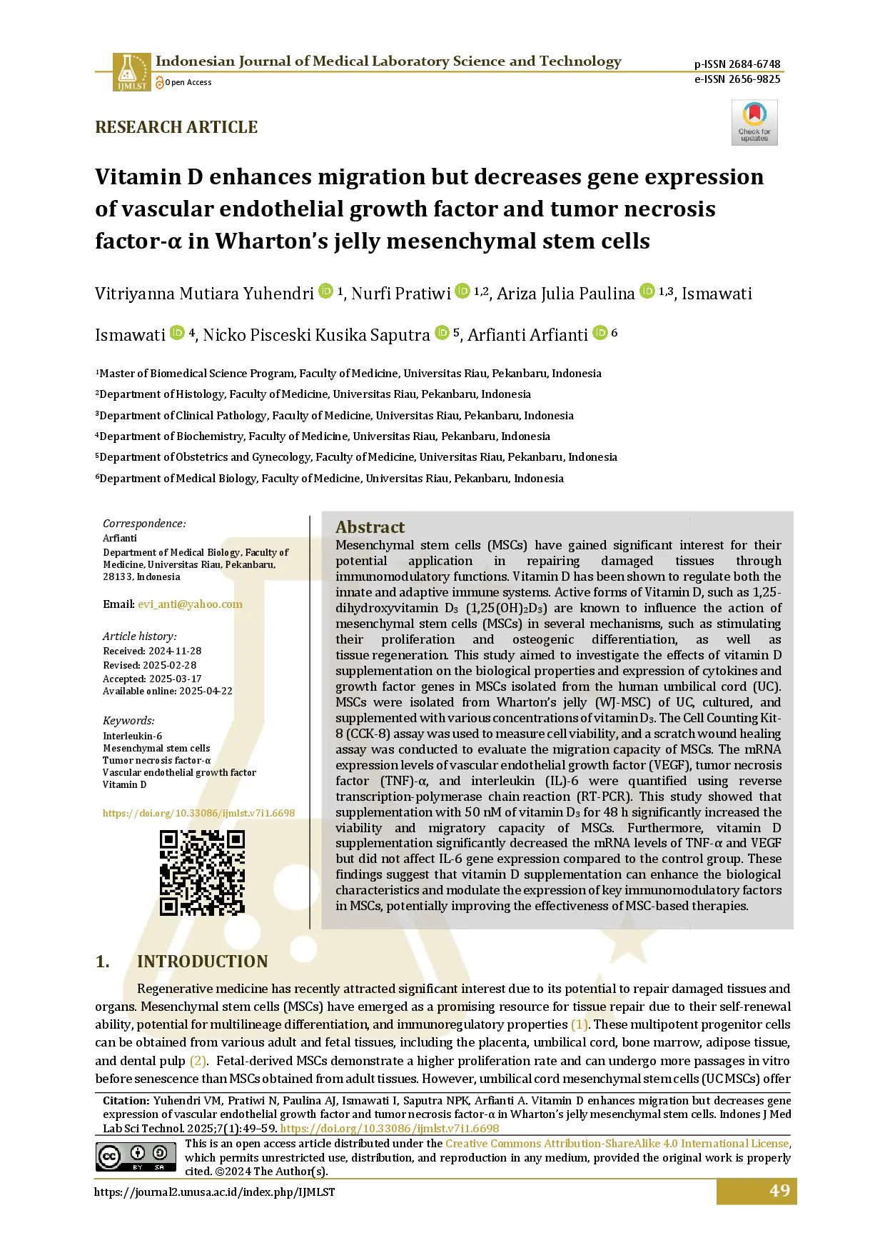 juris Vitamin D enhances migration but decreases gene expression of vascular endothelial growth factor and tumor necrosis factor in Wharton s jelly mesenchymal stem cells