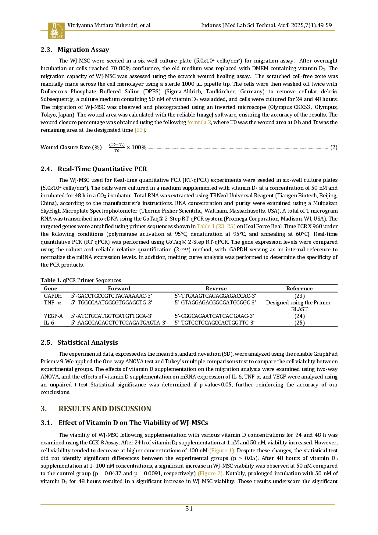 juris Vitamin D enhances migration but decreases gene expression of vascular endothelial growth factor and tumor necrosis factor in Wharton s jelly mesenchymal stem cells