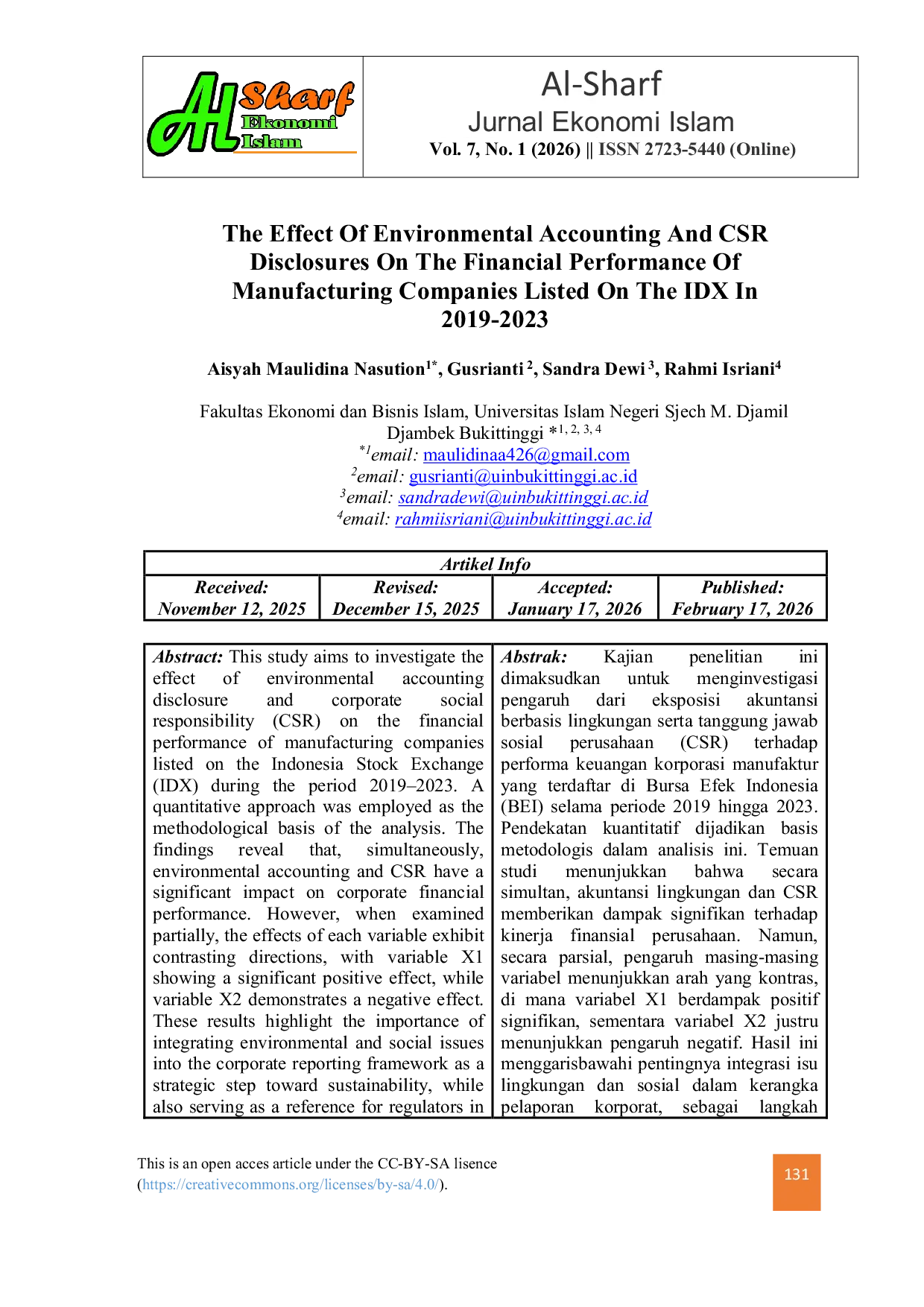 JURIS The Effect Of Environmental Accounting And CSR Disclosures On The Financial Performance Of Manufacturing Companies Listed On The IDX In 2019 2023
