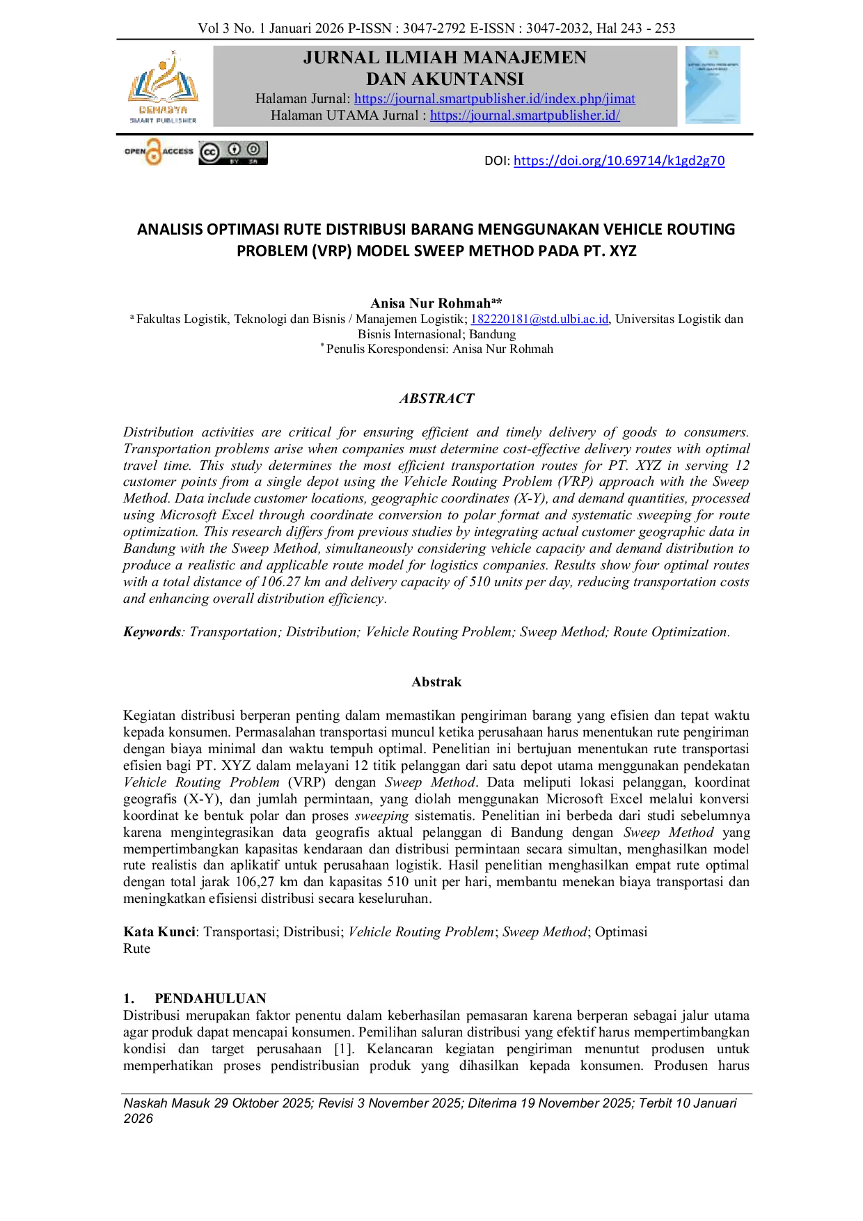 JURIS Analisis Optimasi Rute Distribusi Barang Menggunakan Vehicle Routing Problem VRP Model Sweep Method Pada Pt Xyz