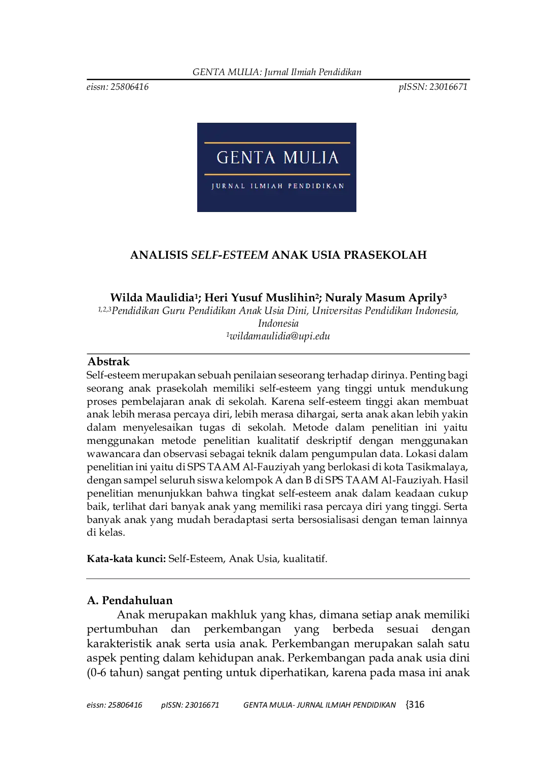 JURIS Analisis Self Esteem Anak Usia Prasekolah