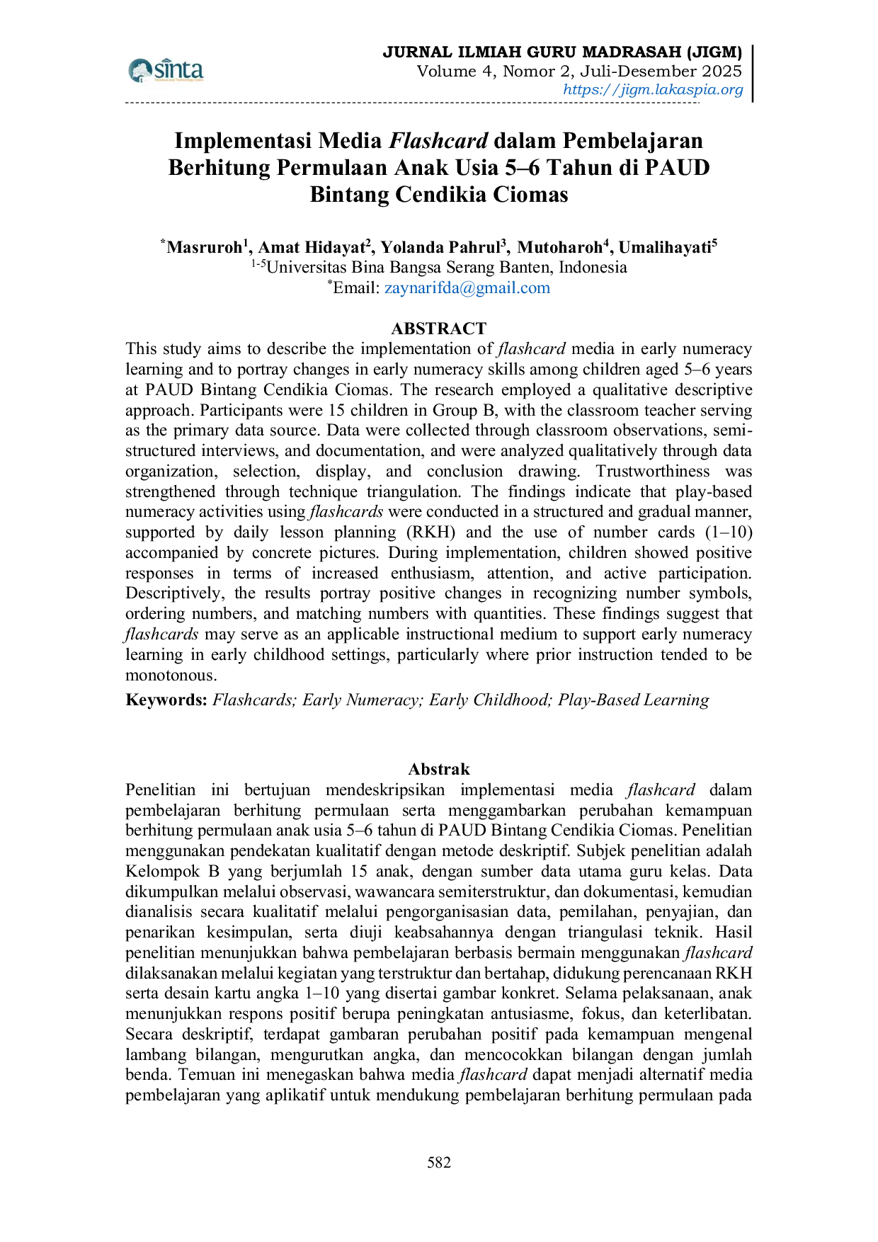 JURIS Implementasi Media Flashcard dalam Pembelajaran Berhitung Permulaan Anak Usia 5 6 Tahun di PAUD Bintang Cendikia Ciomas