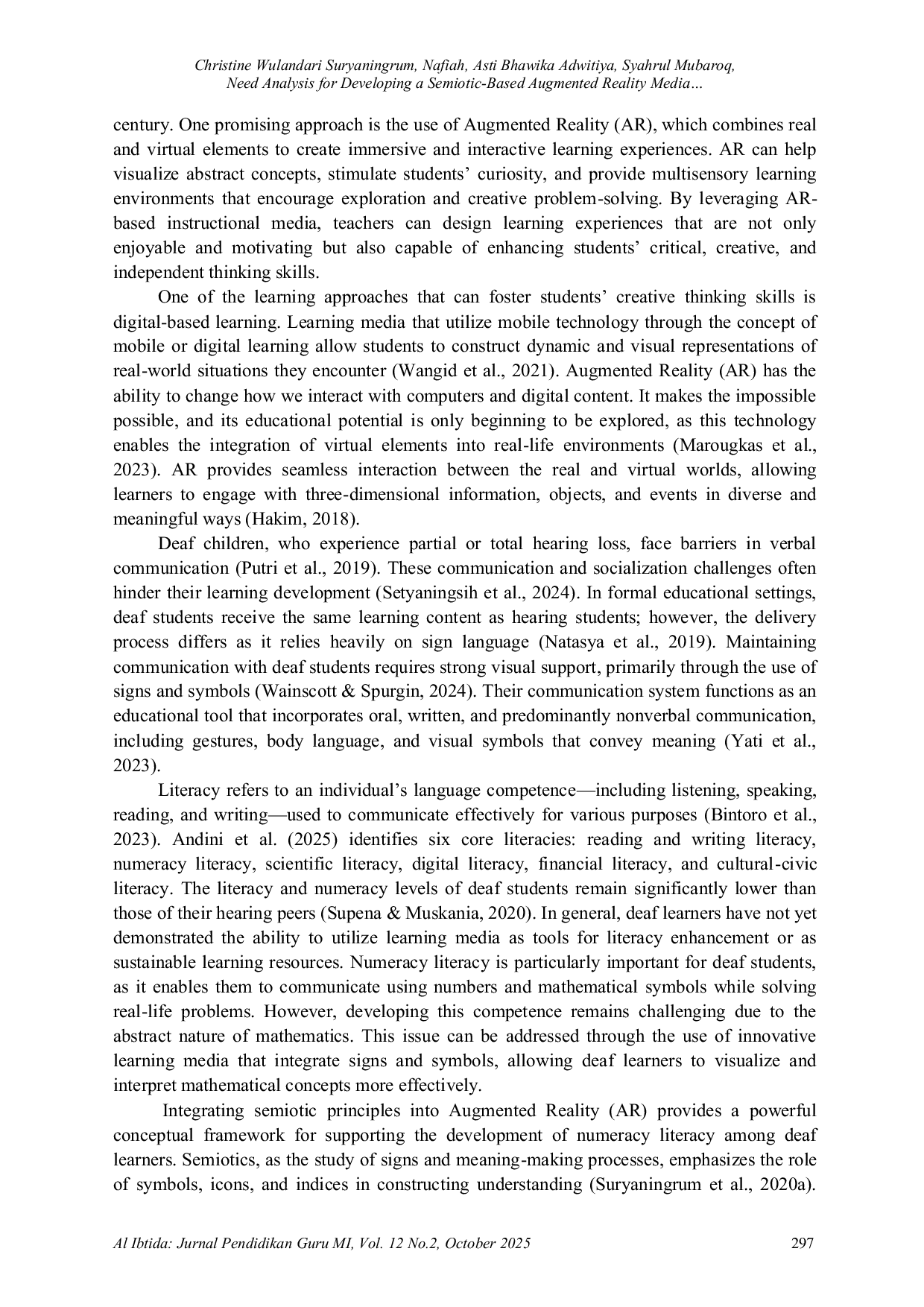 JURIS Need Analysis for Developing a Semiotic Based Augmented Reality Media to Enhance Numeracy Literacy Among Deaf Children