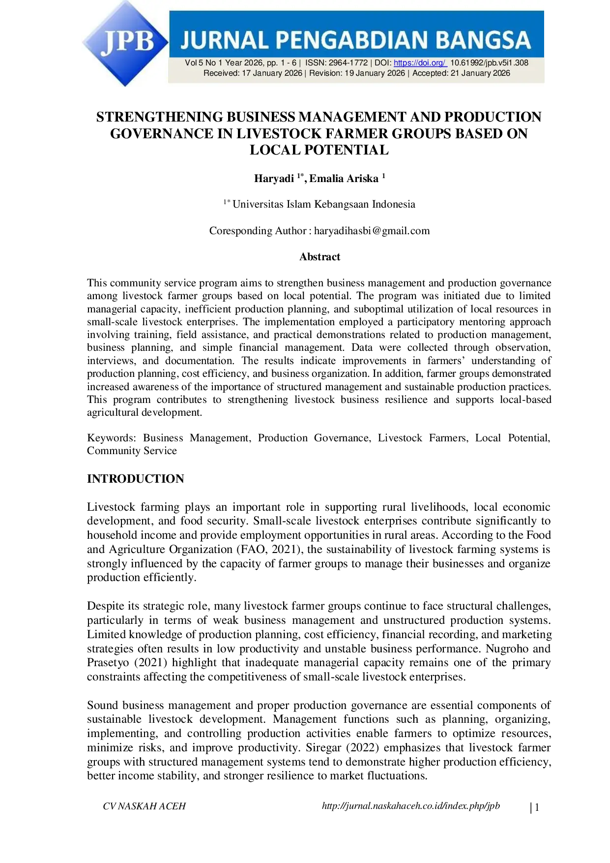 JURIS Strengthening Business Management And Production Governance In Livestock Farmer Groups Based On Local Potential