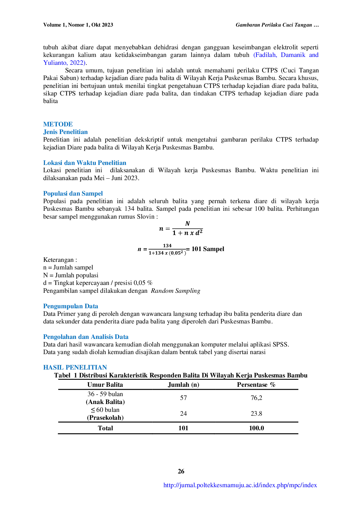 JURIS Perilaku Cuci Tangan Pakai Sabun terhadap Kejadian Diare pada Balita di Wilayah Kerja Puskesmas Bambu