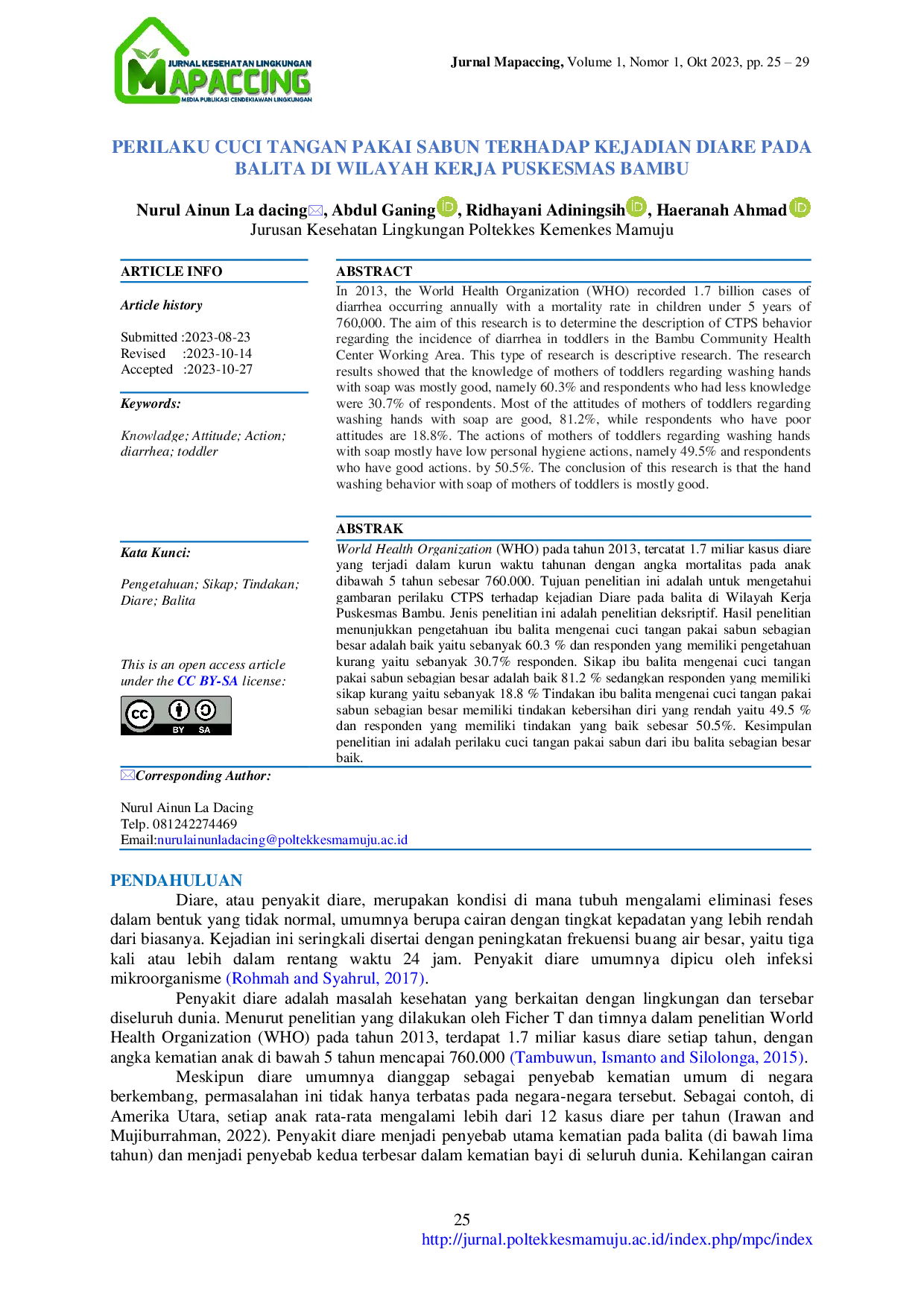 JURIS Perilaku Cuci Tangan Pakai Sabun terhadap Kejadian Diare pada Balita di Wilayah Kerja Puskesmas Bambu