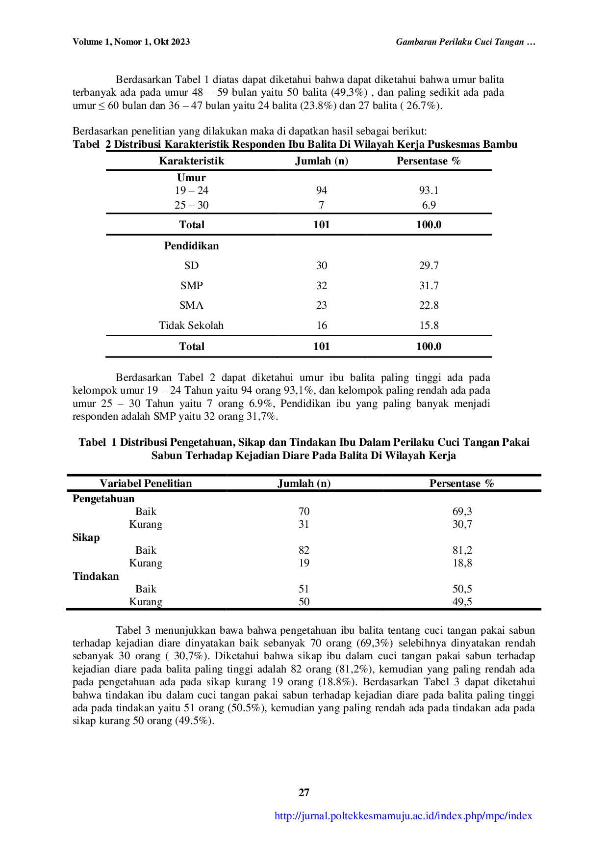 JURIS Perilaku Cuci Tangan Pakai Sabun terhadap Kejadian Diare pada Balita di Wilayah Kerja Puskesmas Bambu