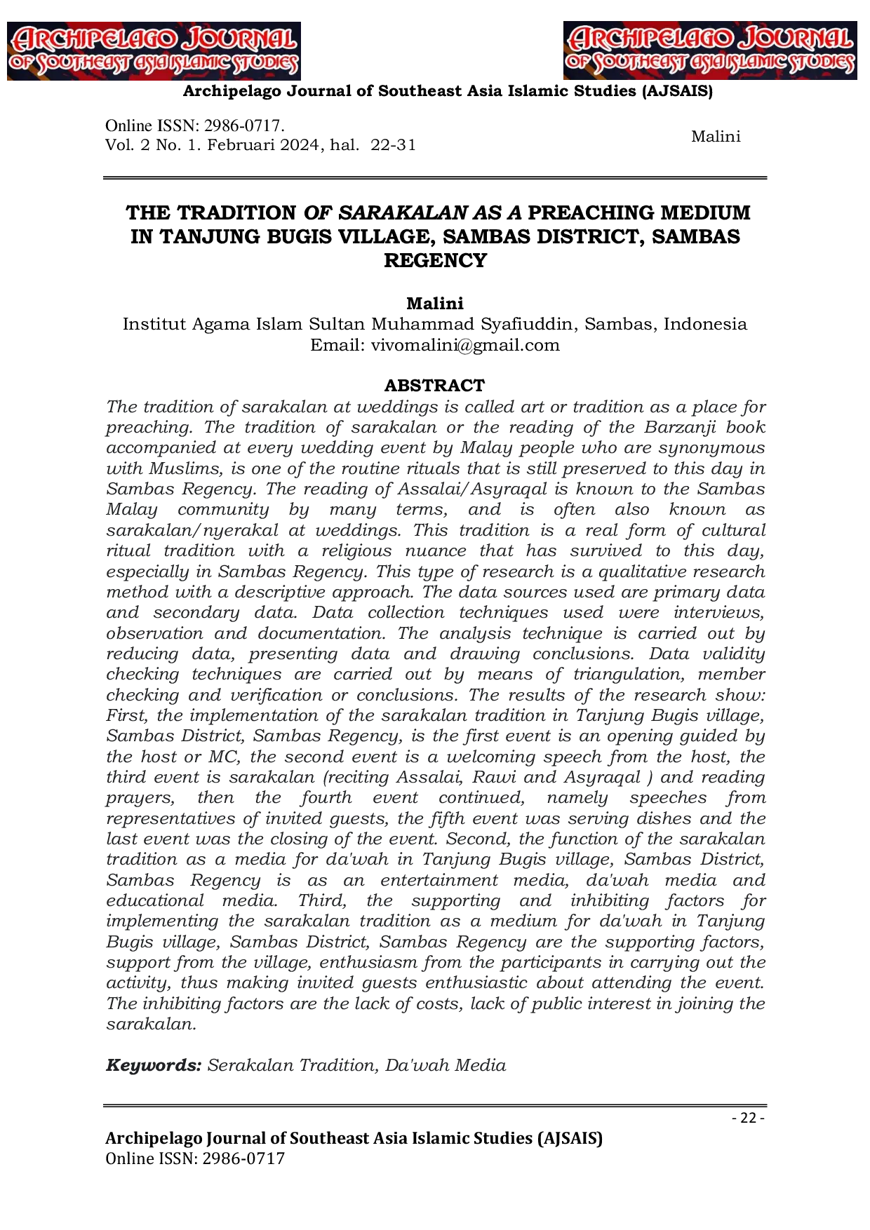 JURIS The Tradition of Sarakalan as a Preaching Medium in Tanjung Bugis Village Sambas District Sambas Regency