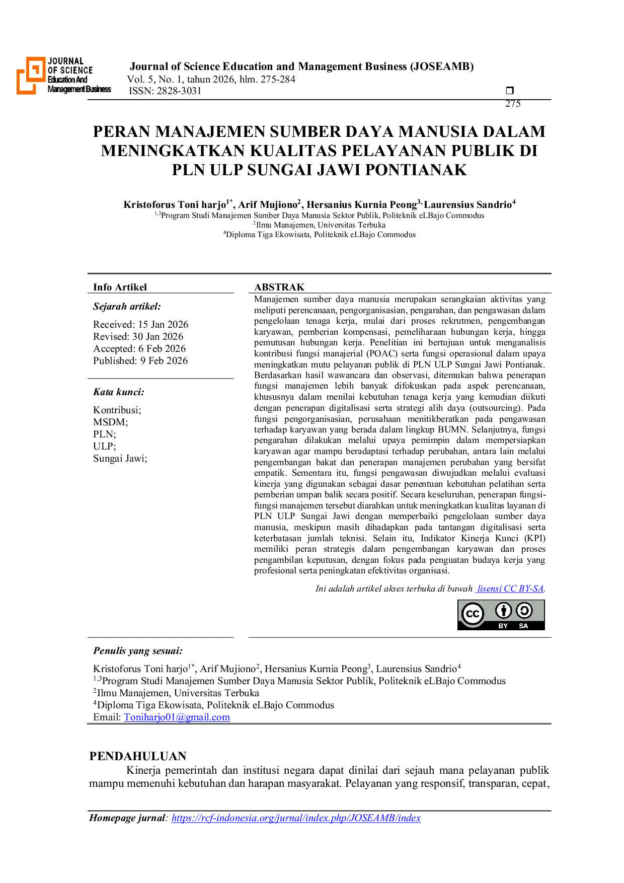 JURIS Peran Manajemen Sumber Daya Manusia Dalam Meningkatkan Kualitas Pelayanan Publik di PLN ULP Sungai Jawi Pontianak