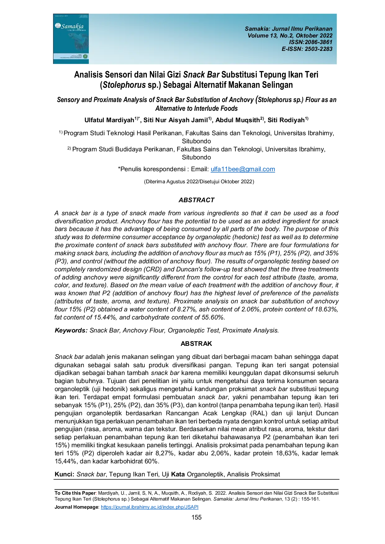JURIS Analisis Sensori dan Nilai Gizi Snack Bar Substitusi Tepung Ikan Teri Stolephorus sp Sebagai Alternatif Makanan Selingan
