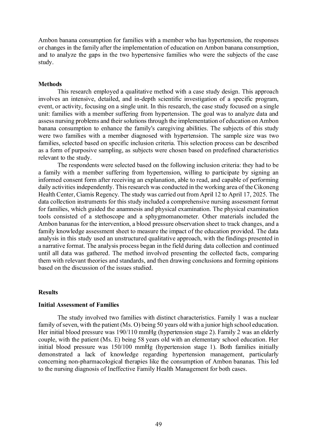 JURIS Implementation of Ambon Banana Consumption Education to Improve Family Ability in Caring for Family Members with Hypertension