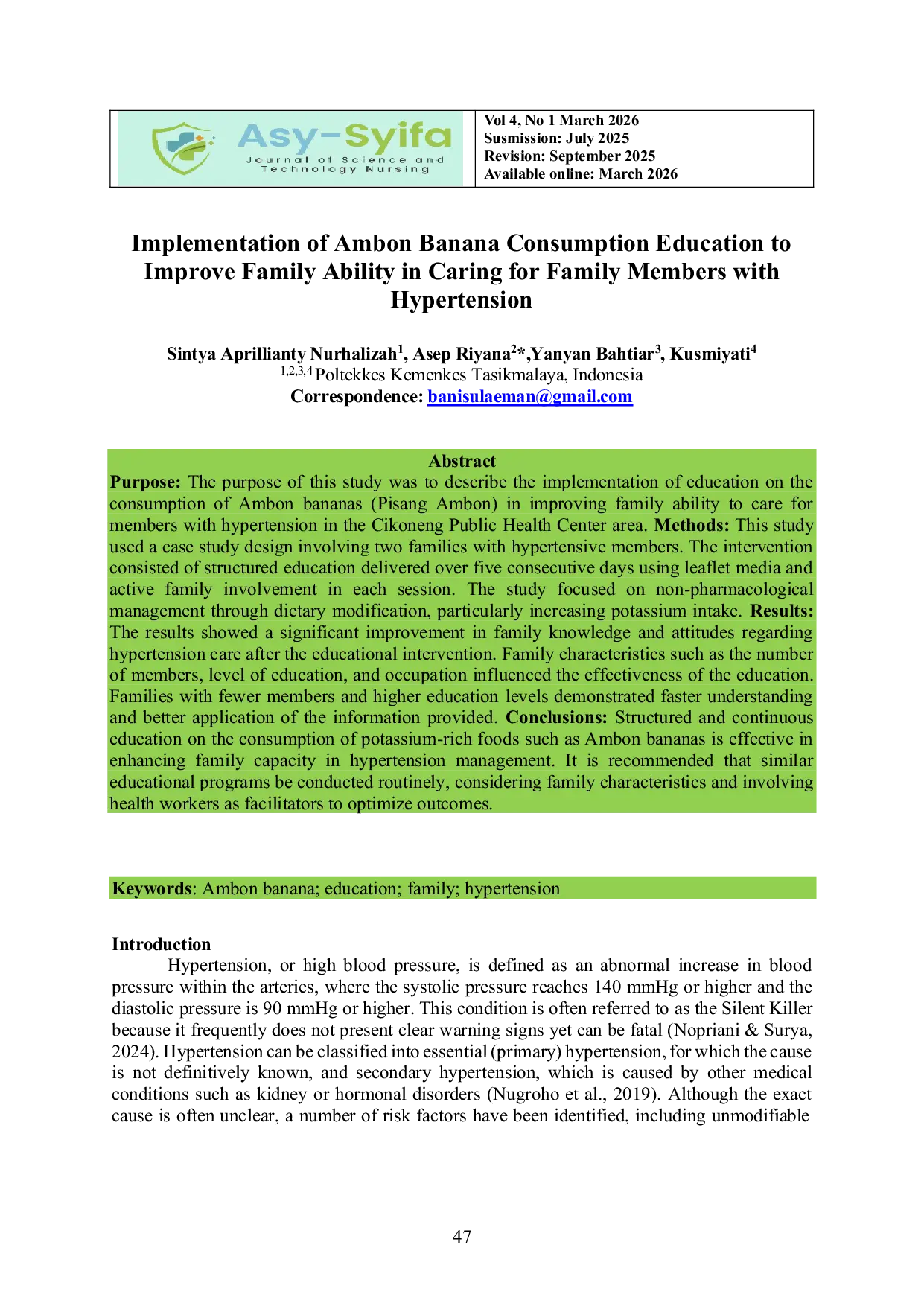 JURIS Implementation of Ambon Banana Consumption Education to Improve Family Ability in Caring for Family Members with Hypertension