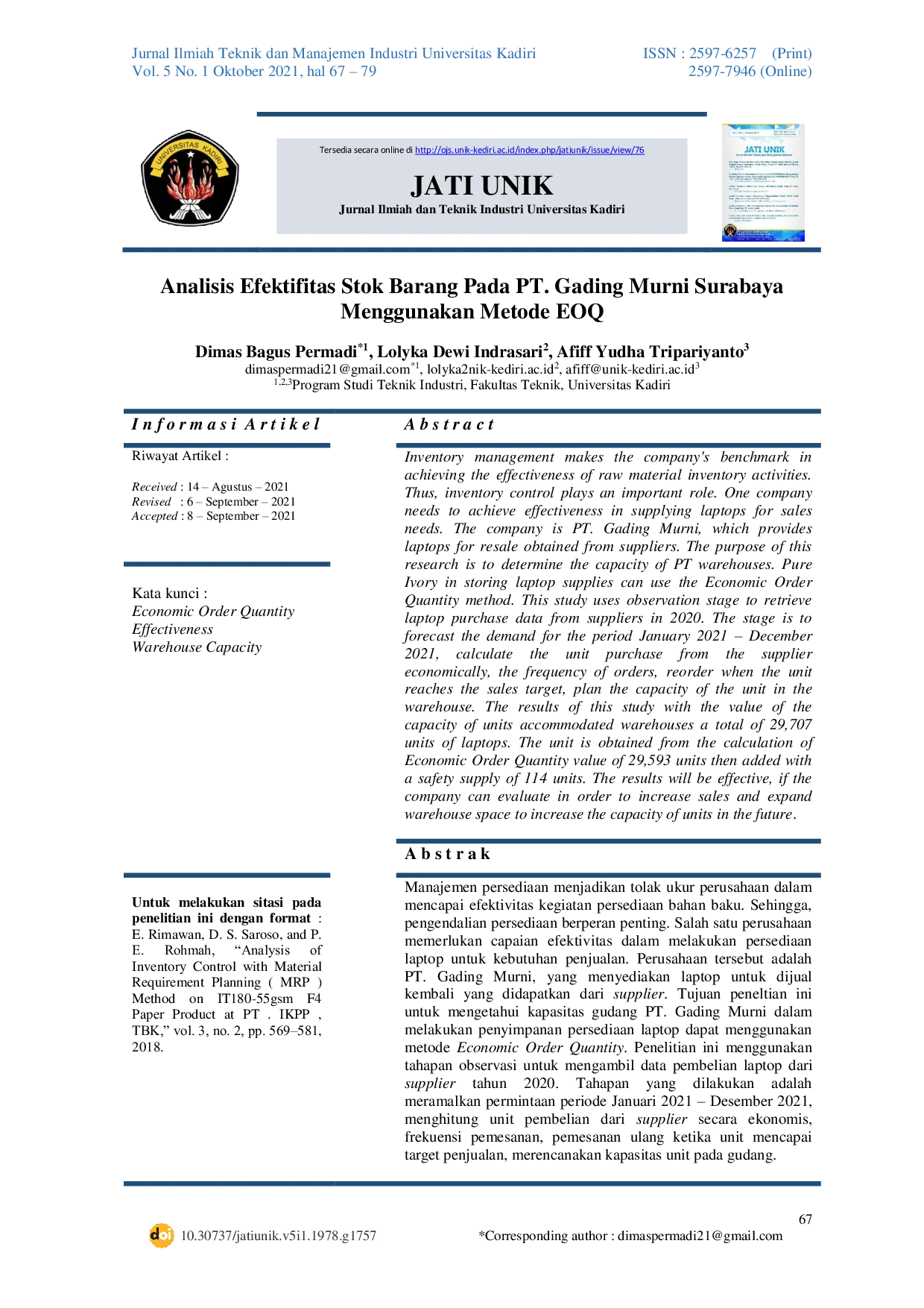 JURIS Analisis Efektifitas Stok Barang Pada PT Gading Murni Surabaya Menggunakan Metode EOQ
