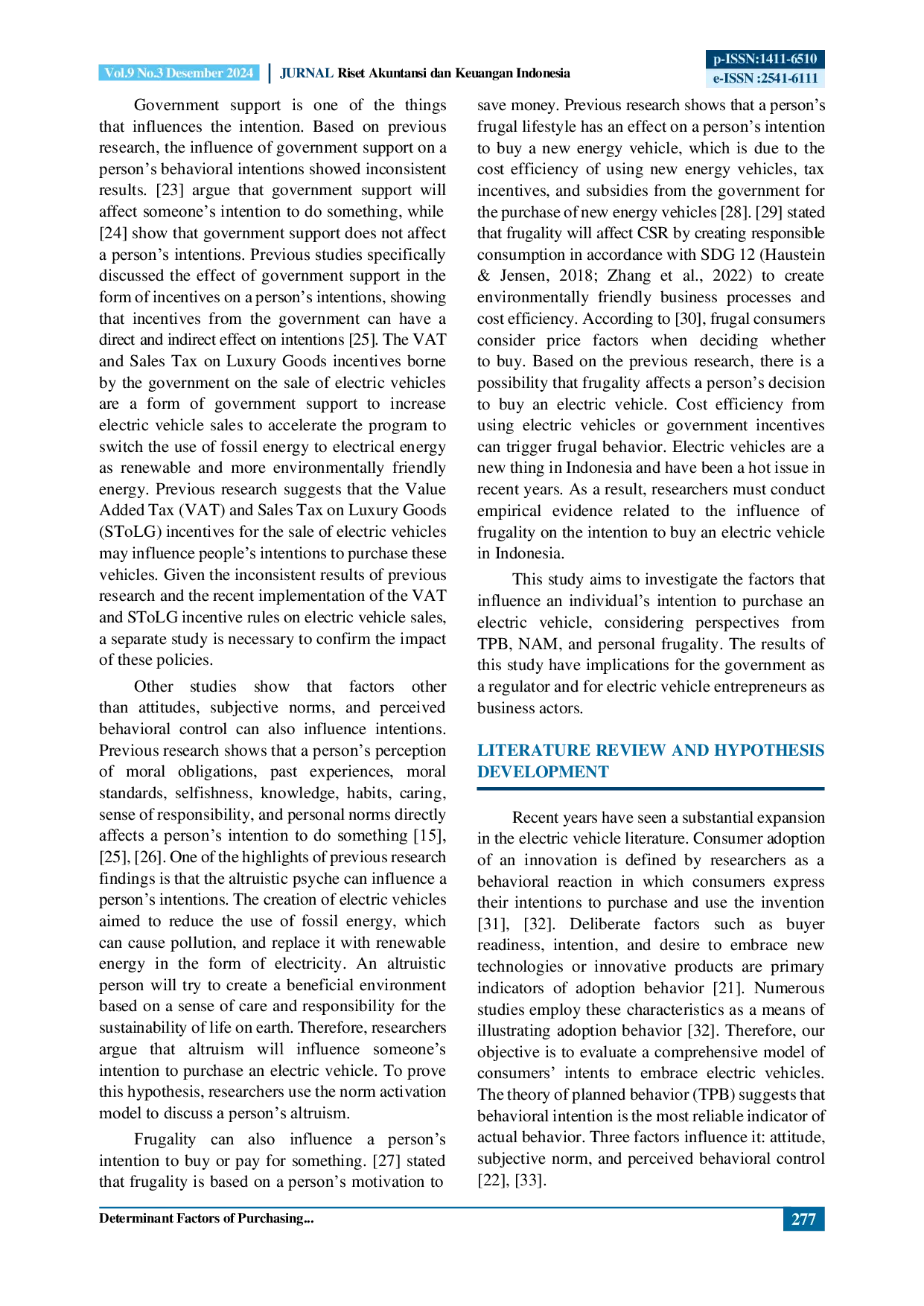 JURIS Determinant Factors of Purchasing Intention Toward Electric Vehicles in Indonesia