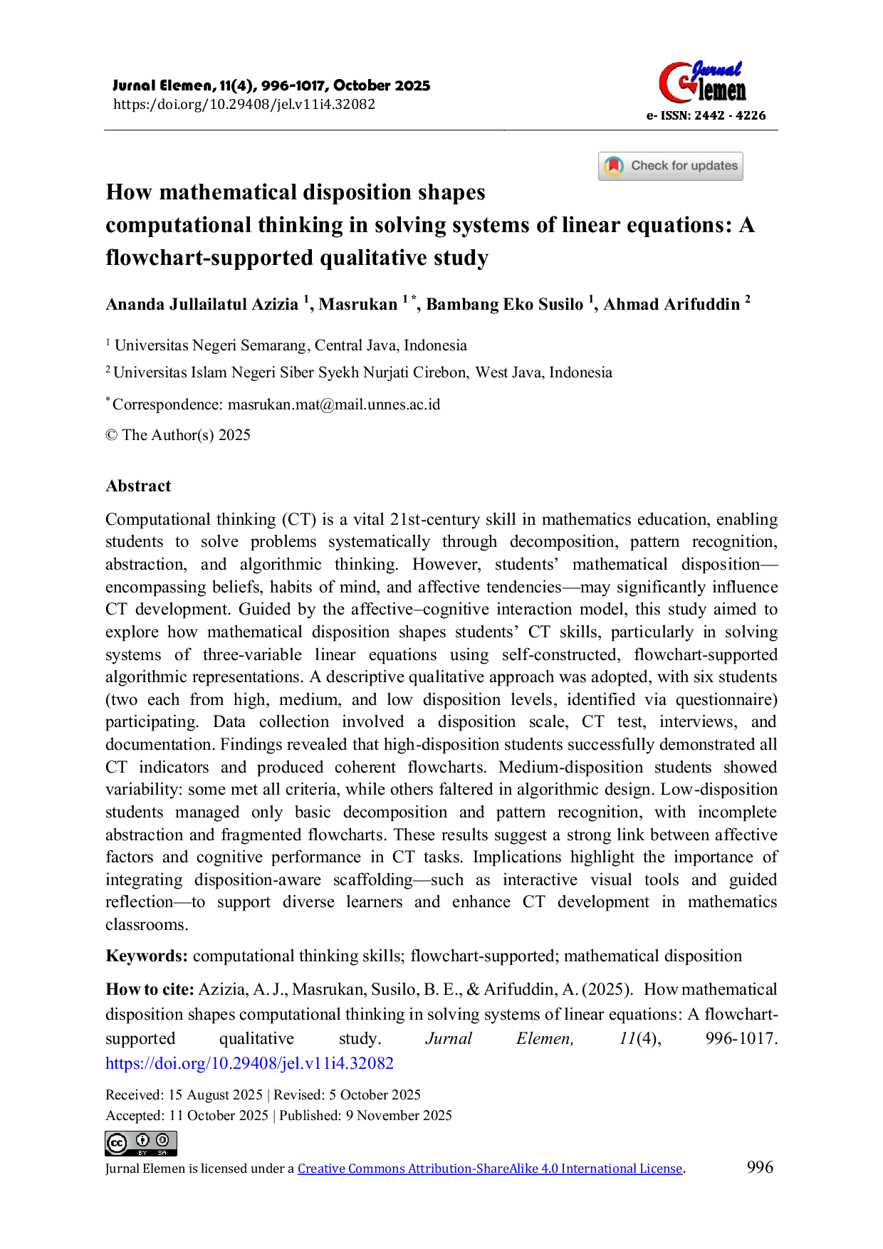JURIS How mathematical disposition shapes computational thinking in solving systems of linear equations A flowchart supported qualitative study