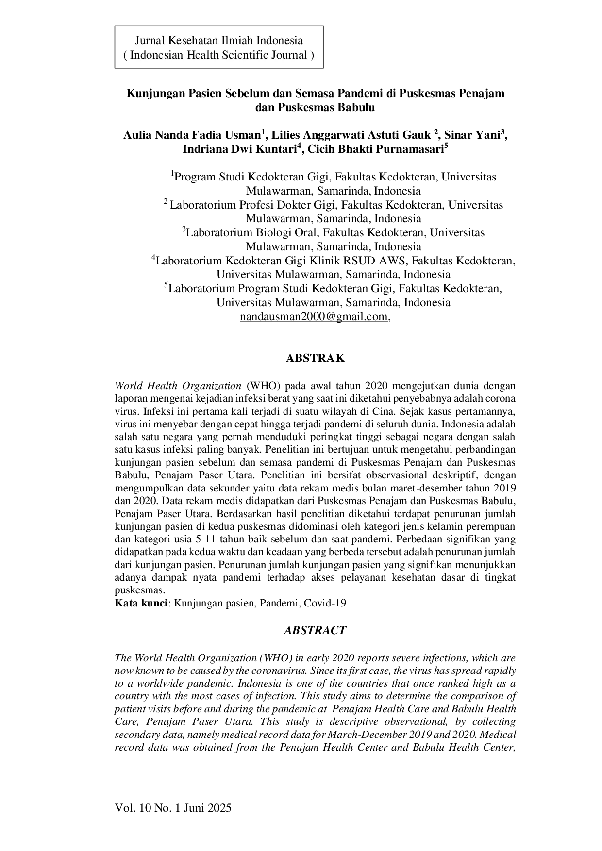 JURIS Kunjungan Pasien Sebelum dan Semasa Pandemi di Puskesmas Penajam dan Puskesmas Babulu