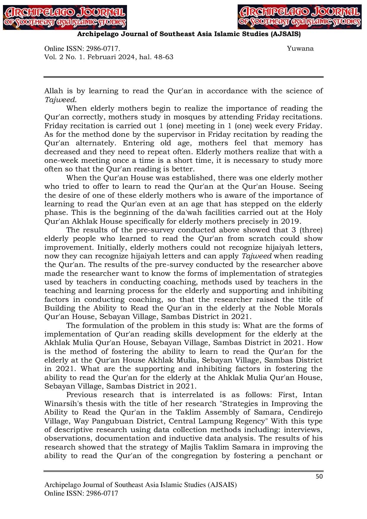 JURIS Construction Of The Ability To Read The Qur an In The Elderly In The House Of The Qur an Noble Morals