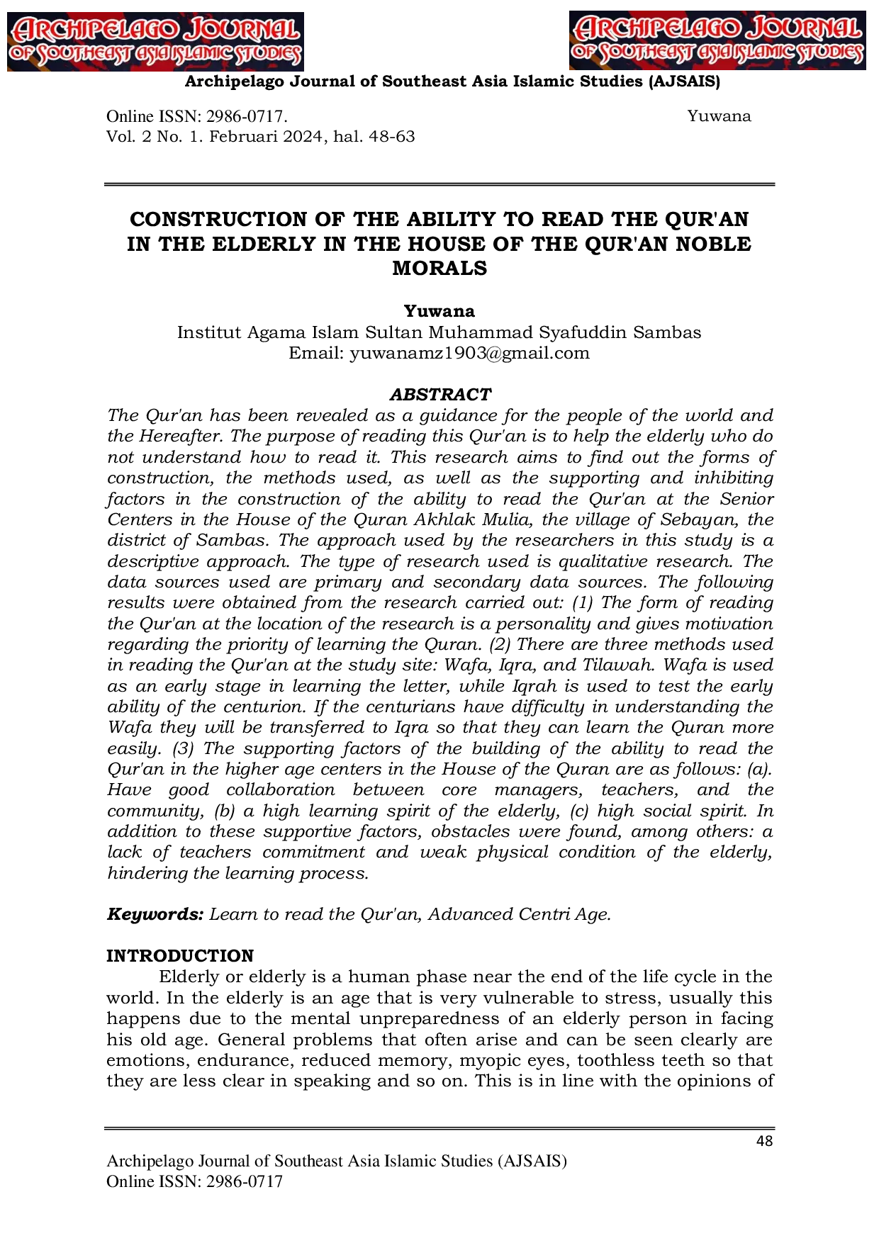 JURIS Construction Of The Ability To Read The Qur an In The Elderly In The House Of The Qur an Noble Morals