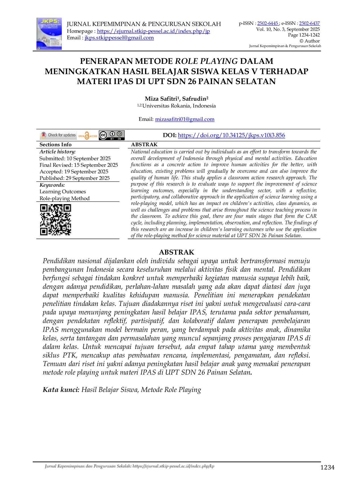 JURIS Penerapan Metode Role Playing Dalam Meningkatkan Hasil Belajar Siswa Kelas V Terhadap Materi IPAS Di UPT SDN 26 Painan Selatan