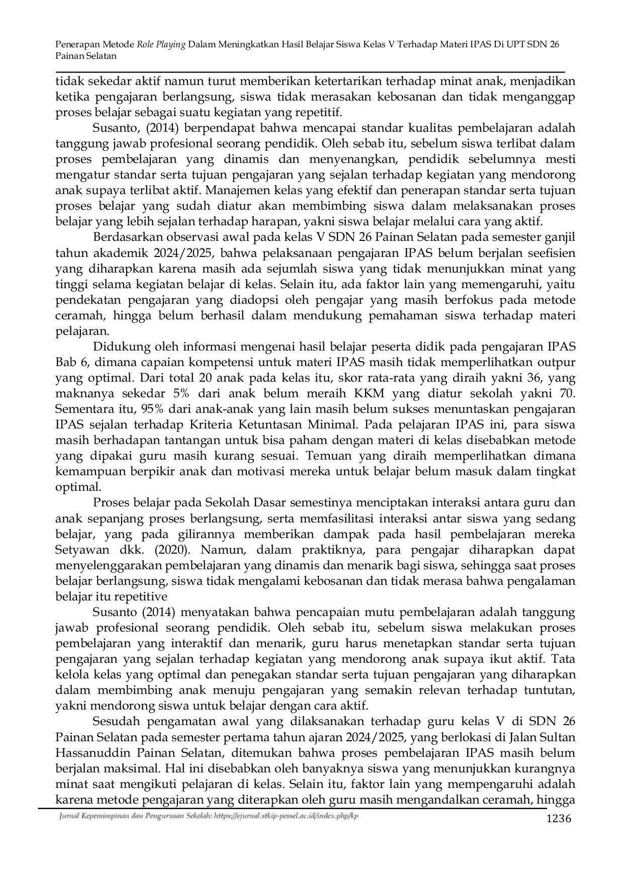 JURIS Penerapan Metode Role Playing Dalam Meningkatkan Hasil Belajar Siswa Kelas V Terhadap Materi IPAS Di UPT SDN 26 Painan Selatan