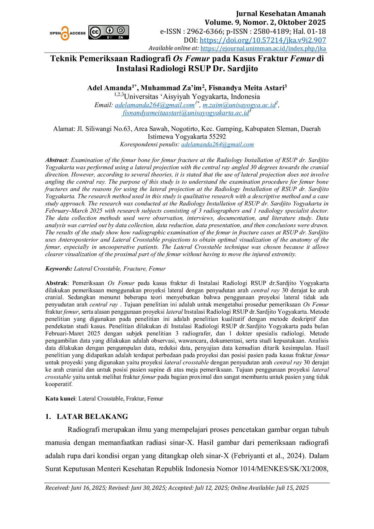 JURIS Teknik Pemeriksaan Radiografi Os Femur pada Kasus Fraktur Femur di Instalasi Radiologi RSUP Dr Sardjito