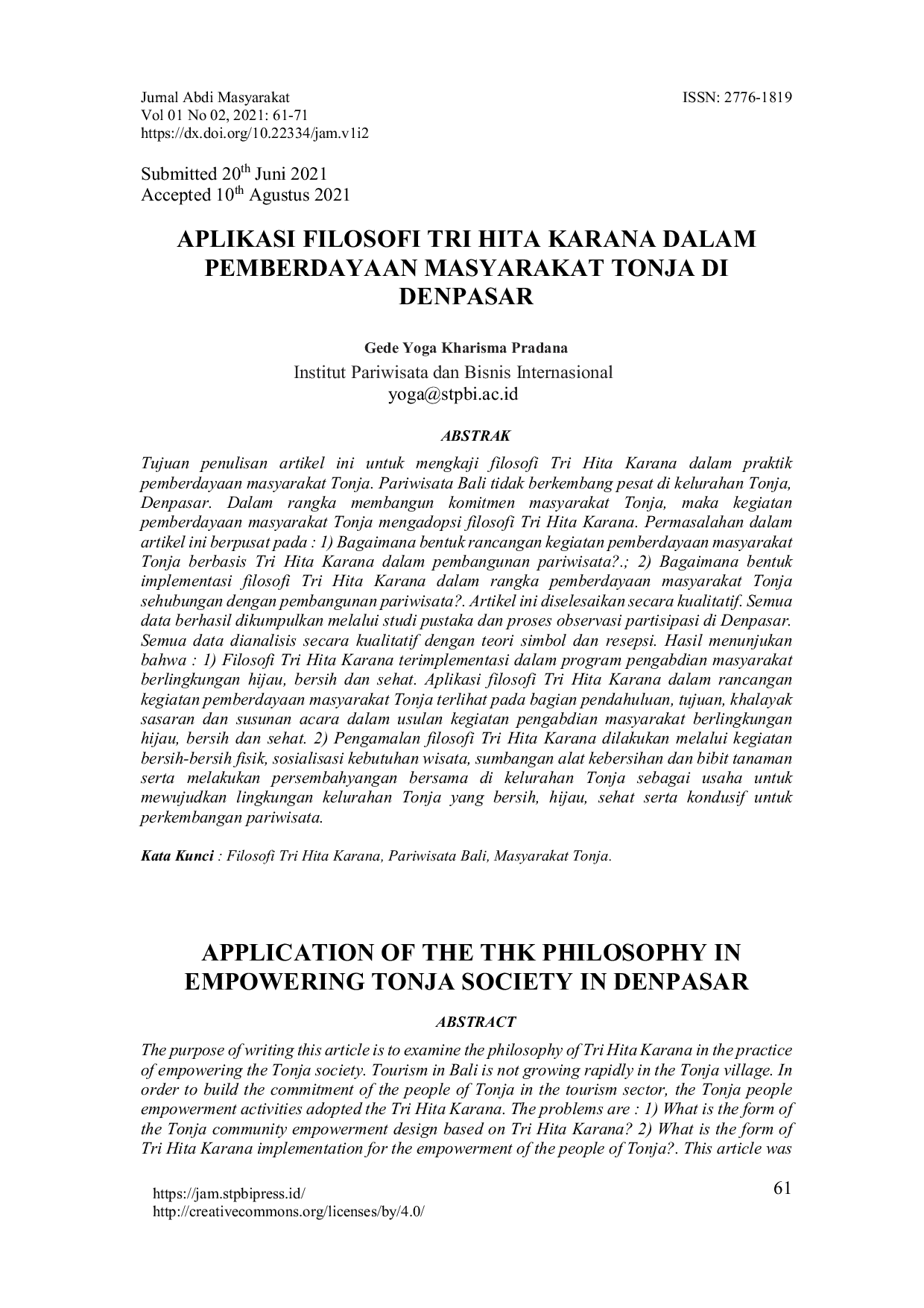 JURIS Aplikasi filosofi tri hita karana dalam pemberdayaan masyarakat tonja di denpasar