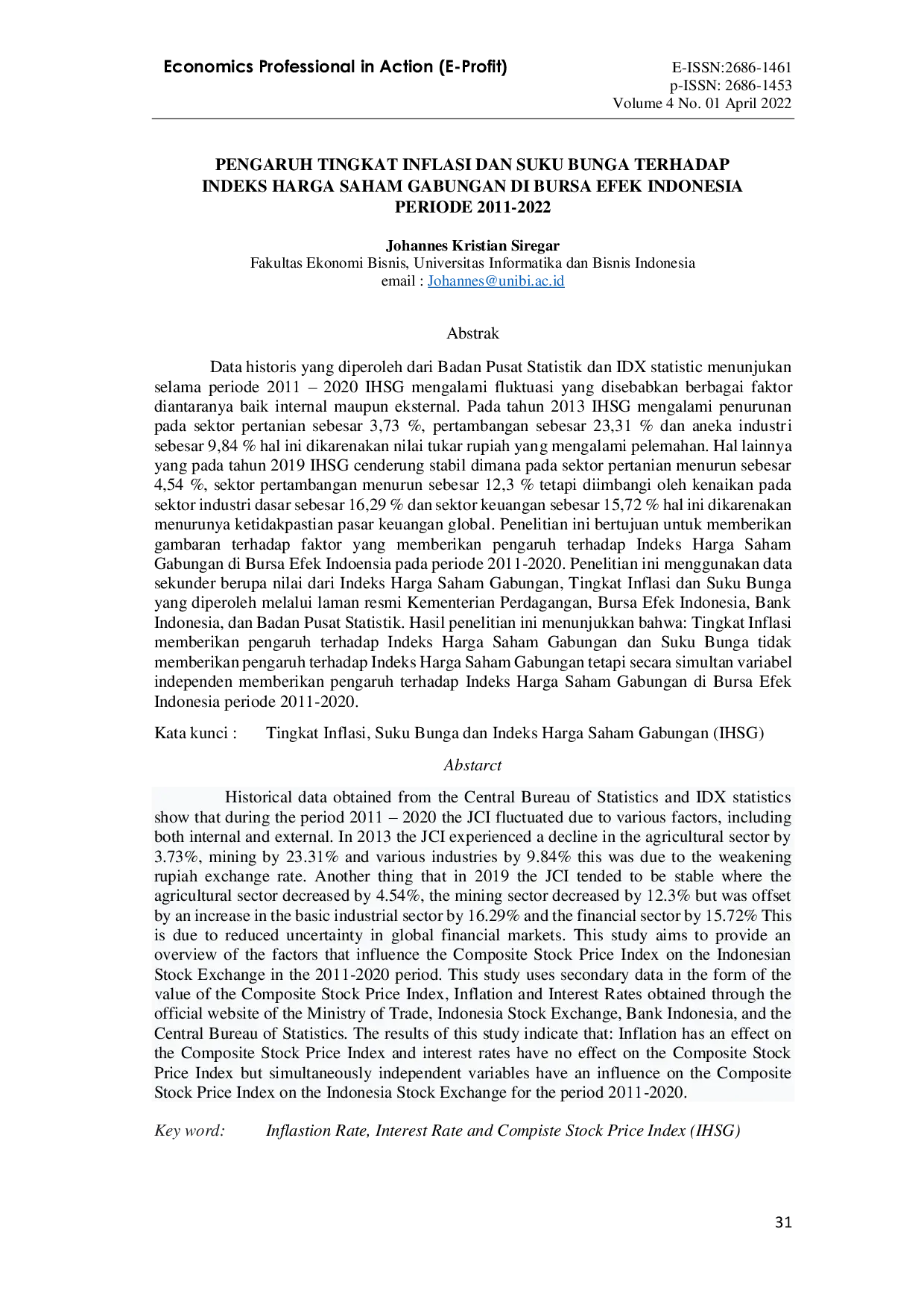 JURIS Pengaruh Tingkat Inflasi Dan Suku Bunga Terhadap Indeks Harga Saham Gabungan Di Bursa Efek Indonesia Periode 2011 2022