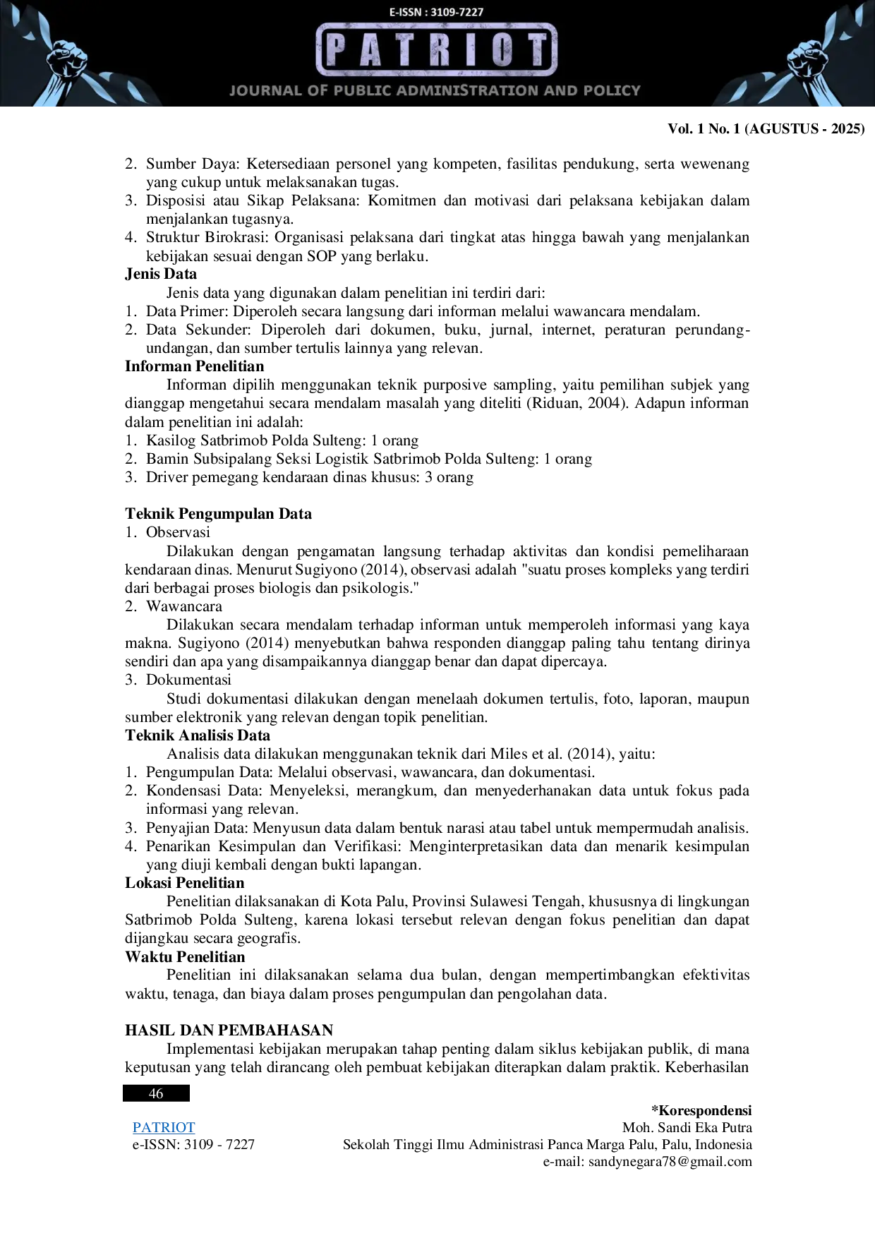 JURIS Implementasi Kebijakan Pemeliharaan dan Perawatan Kendaraan Dinas Khusus pada Satuan Brimob Polda Sulawesi Tengah