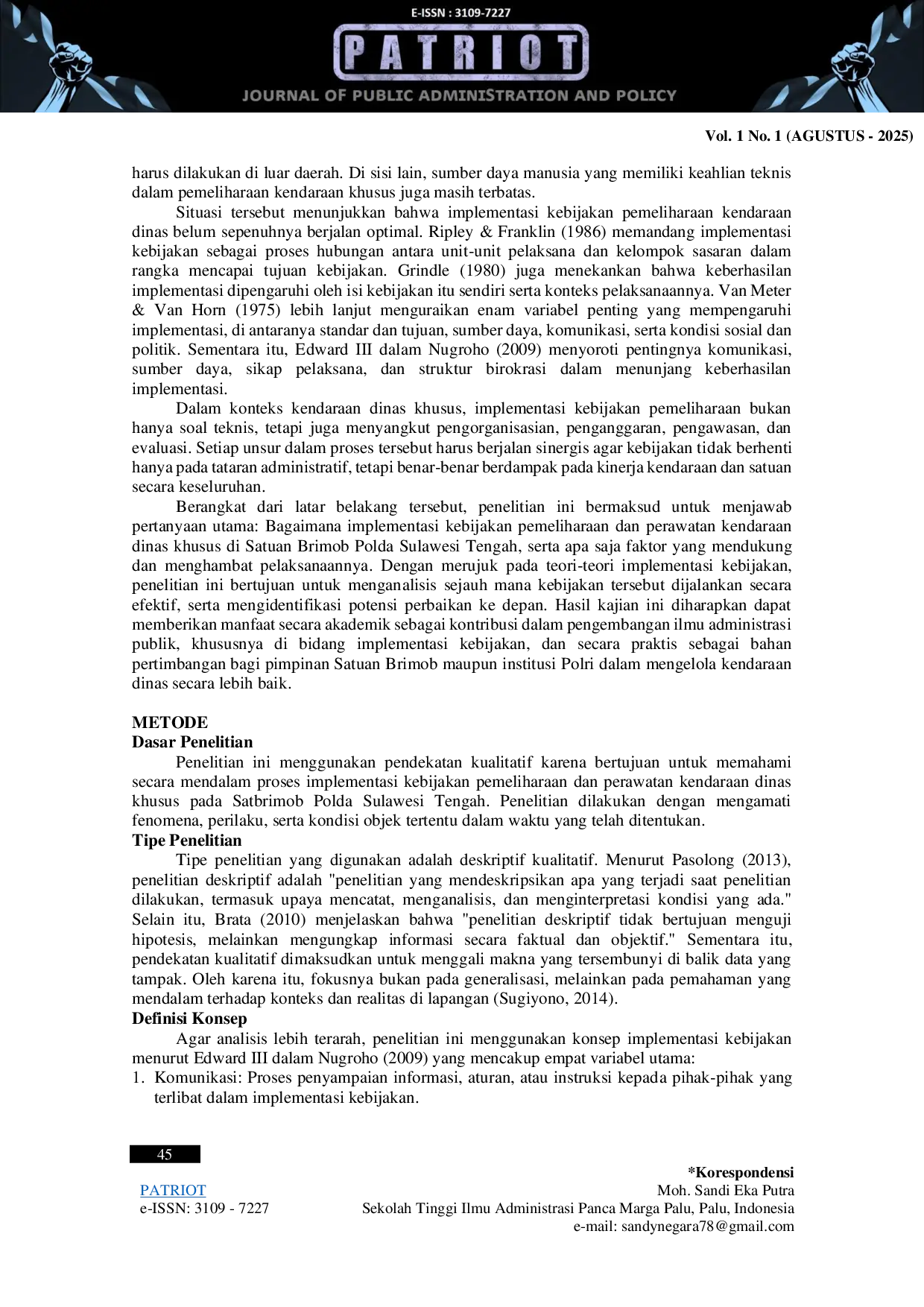 JURIS Implementasi Kebijakan Pemeliharaan dan Perawatan Kendaraan Dinas Khusus pada Satuan Brimob Polda Sulawesi Tengah