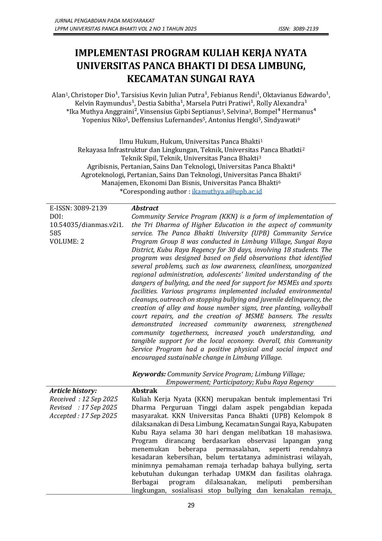 JURIS Implementasi Program Kuliah Kerja Nyata Universitas Panca Bhakti Di Desa Limbung Kecamatan Sungai Raya