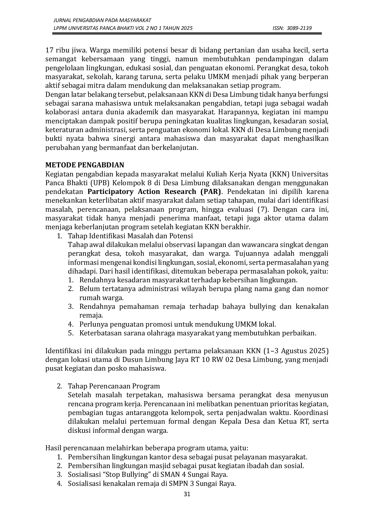 JURIS Implementasi Program Kuliah Kerja Nyata Universitas Panca Bhakti Di Desa Limbung Kecamatan Sungai Raya