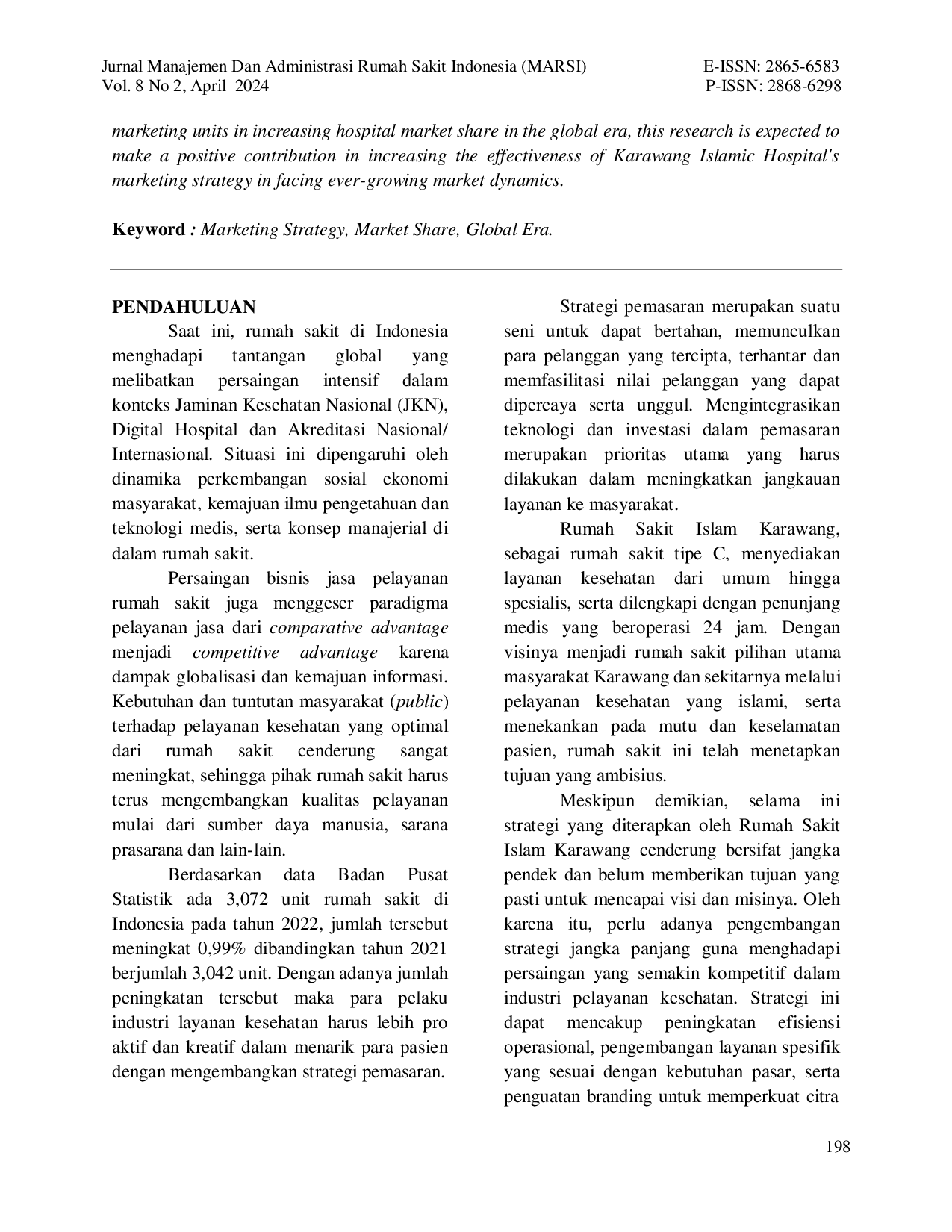 JURIS Evaluasi Strategi Pemasaran Di Rumah Sakit Islam Karawang Dalam Meningkatkan Pangsa Pasar Di Era Global