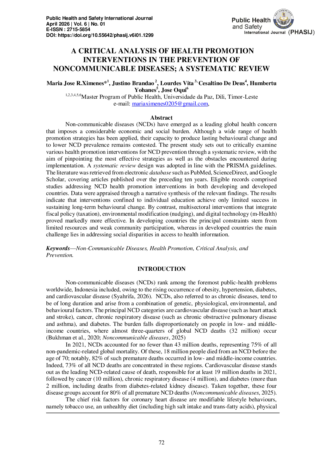 JURIS A Critical Analysis of Health Promotion Interventions in the Prevention of Noncommunicable Diseases A Systematic Review