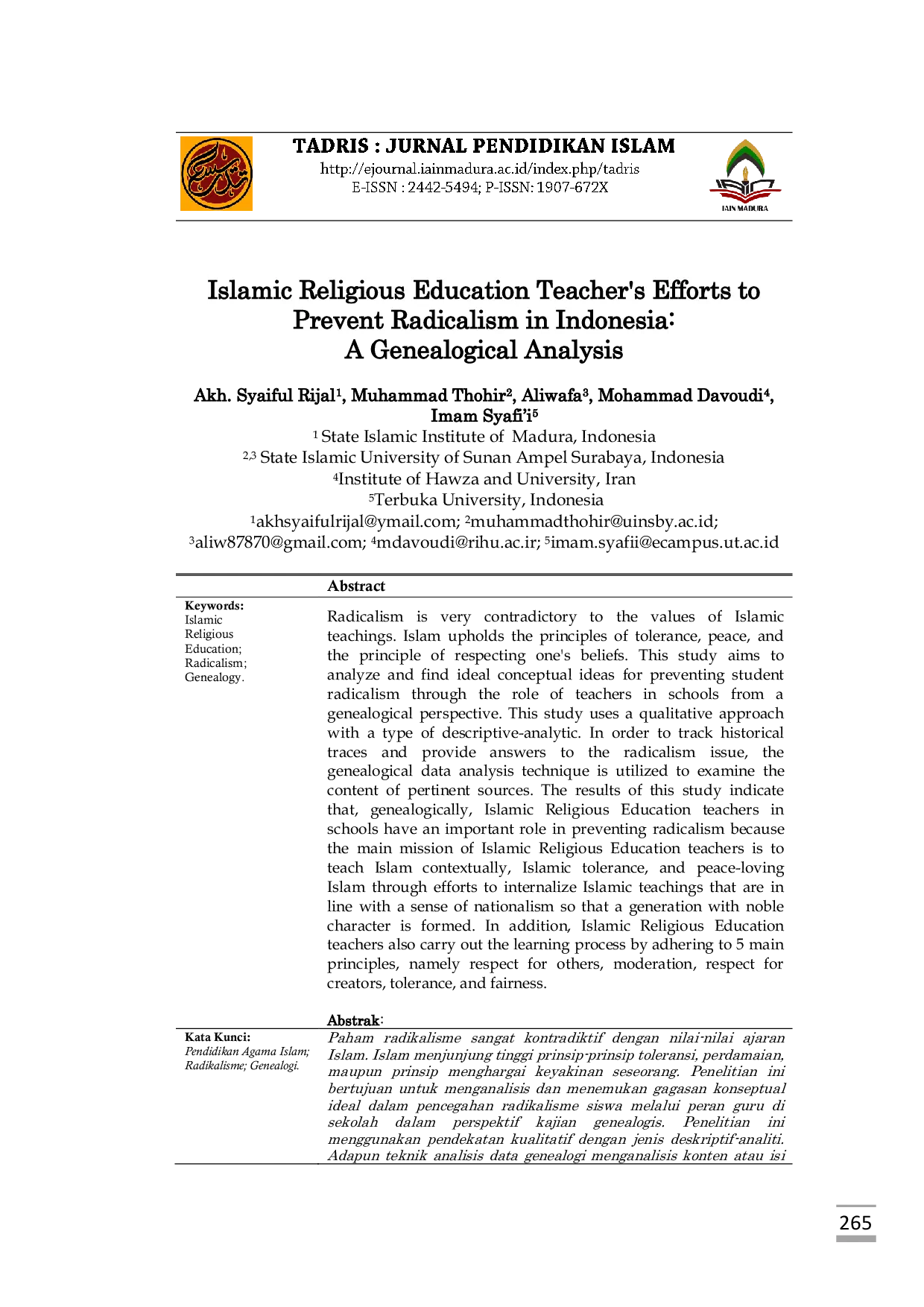 JURIS Islamic Religious Education Teacher s Efforts to Prevent Radicalism in Indonesia A Genealogical Analysis
