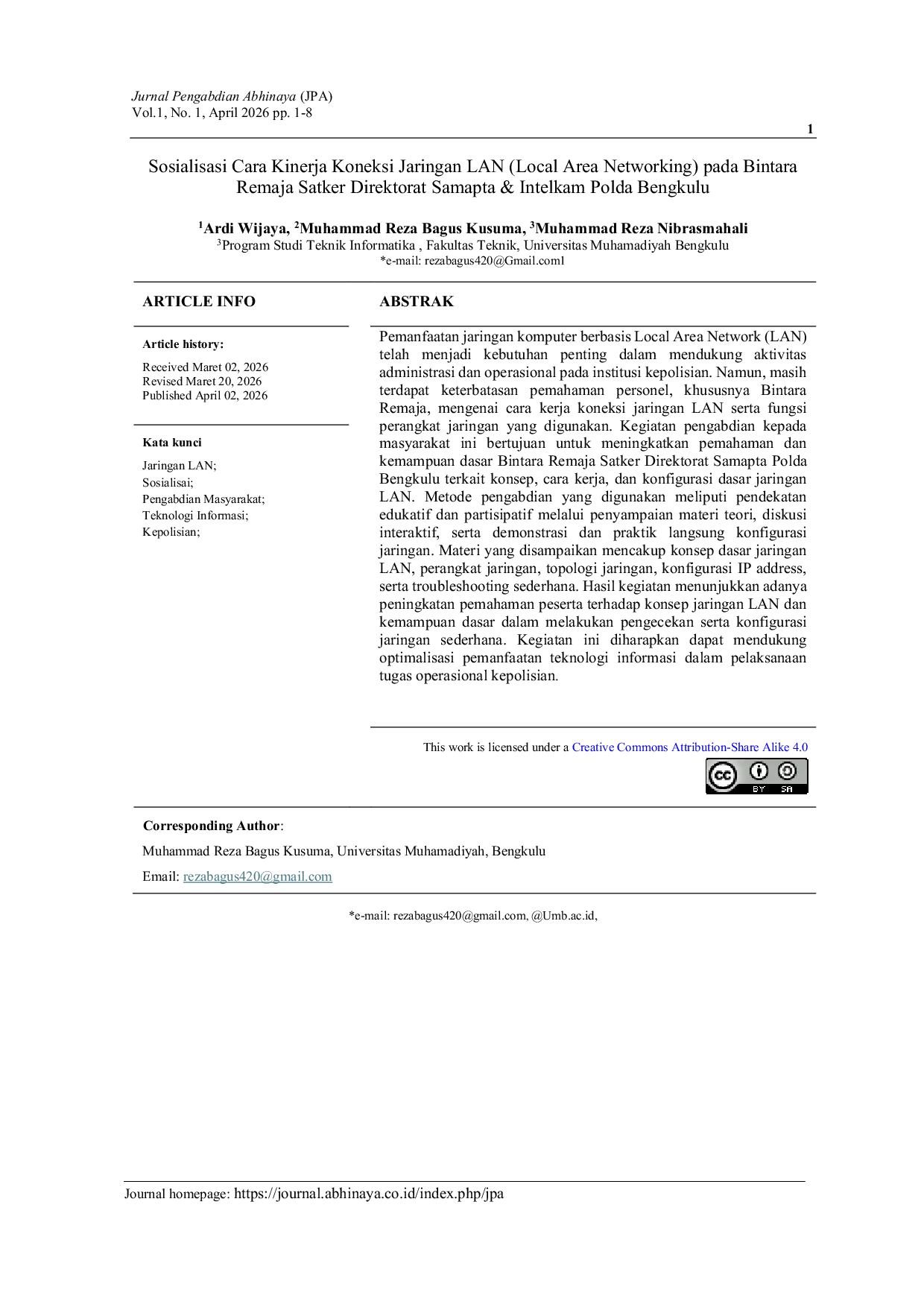 JURIS Sosialisasi Cara Kinerja Koneksi Jaringan LAN Local Area Networking pada Bintara Remaja Satker Direktorat Samapta Intelkam Polda Bengkulu