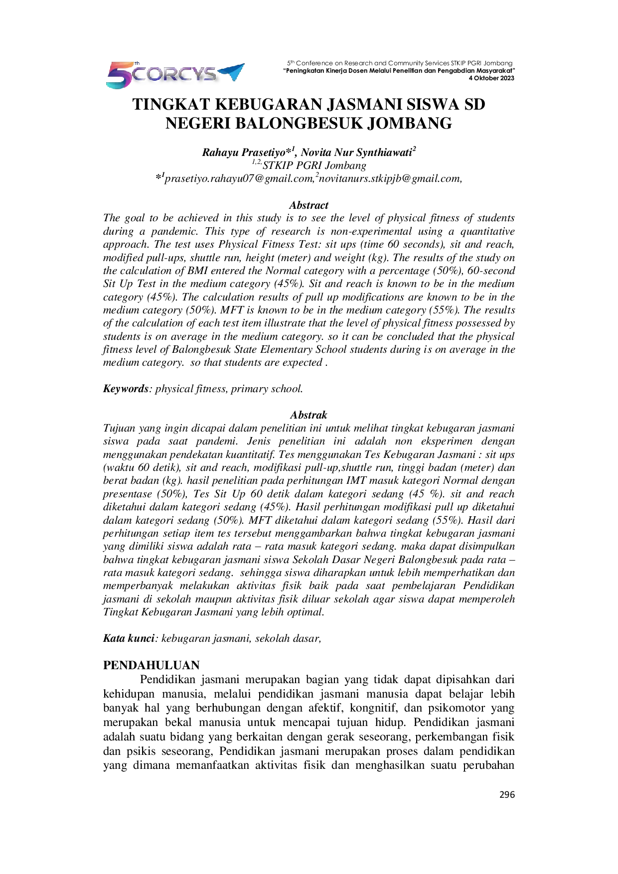 JURIS Tingkat Kebugaran Jasmani Siswa Sd Negeri Balongbesuk Jombang