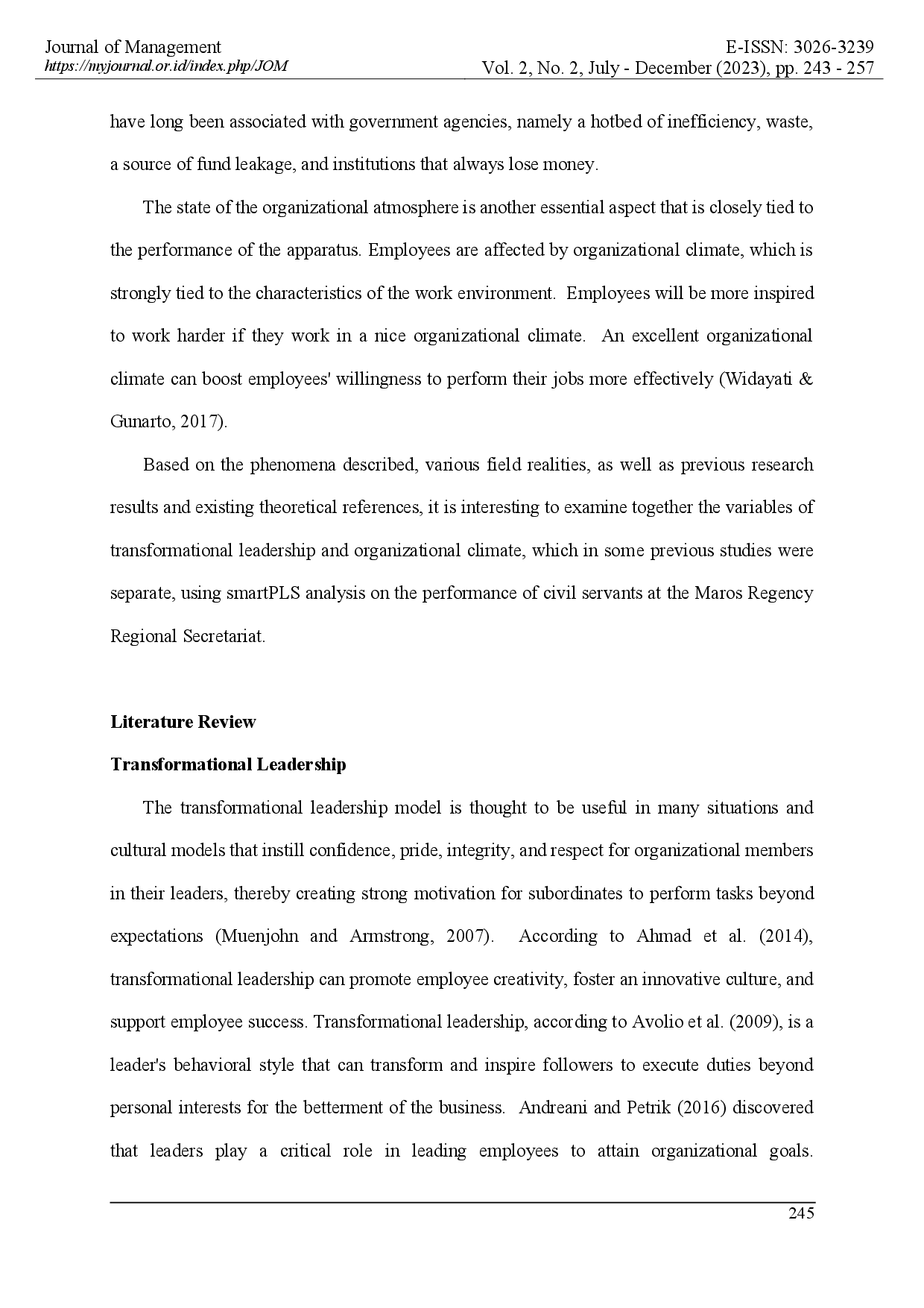 juris The Influence Of Transformational Leadership And Organizational Climate On The Performance Of Civil Servants In The Regional Secretariat Of Maros District