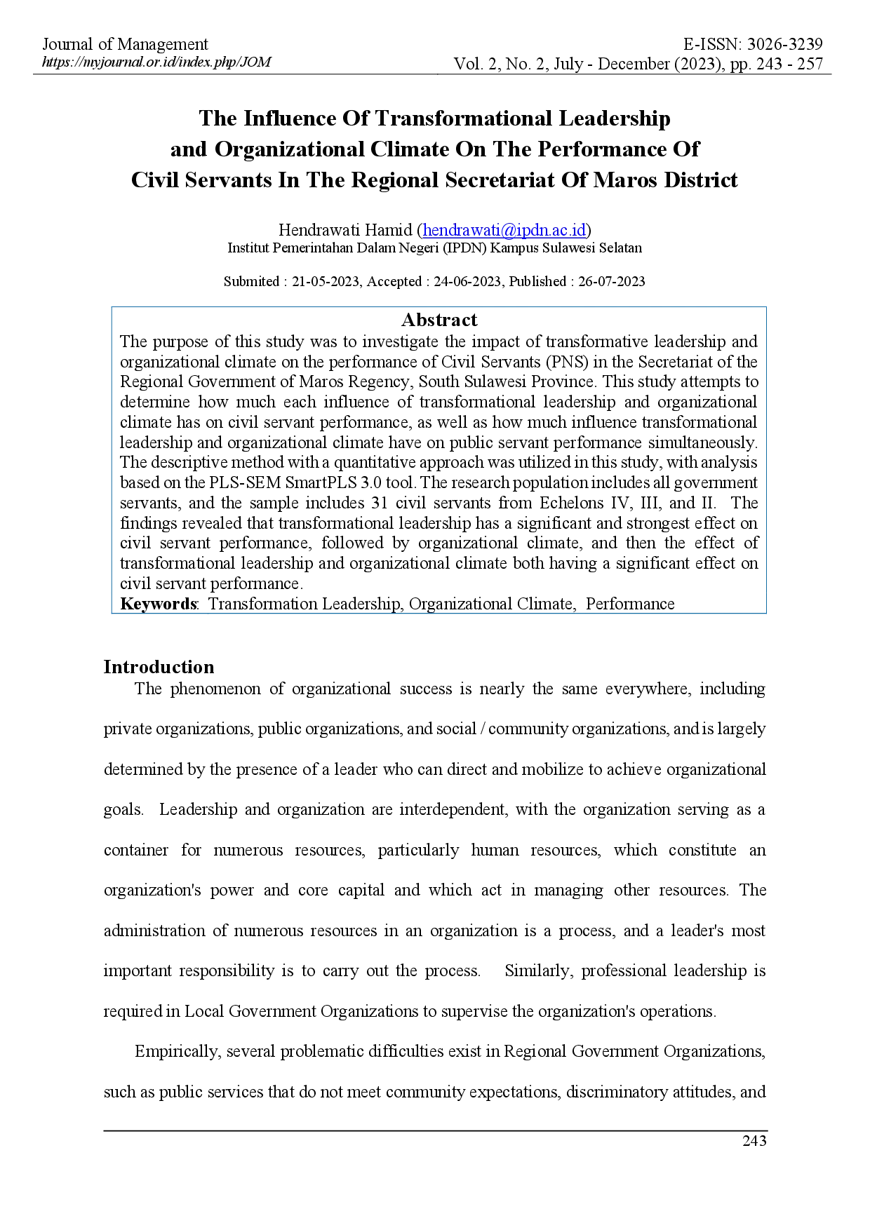 juris The Influence Of Transformational Leadership And Organizational Climate On The Performance Of Civil Servants In The Regional Secretariat Of Maros District