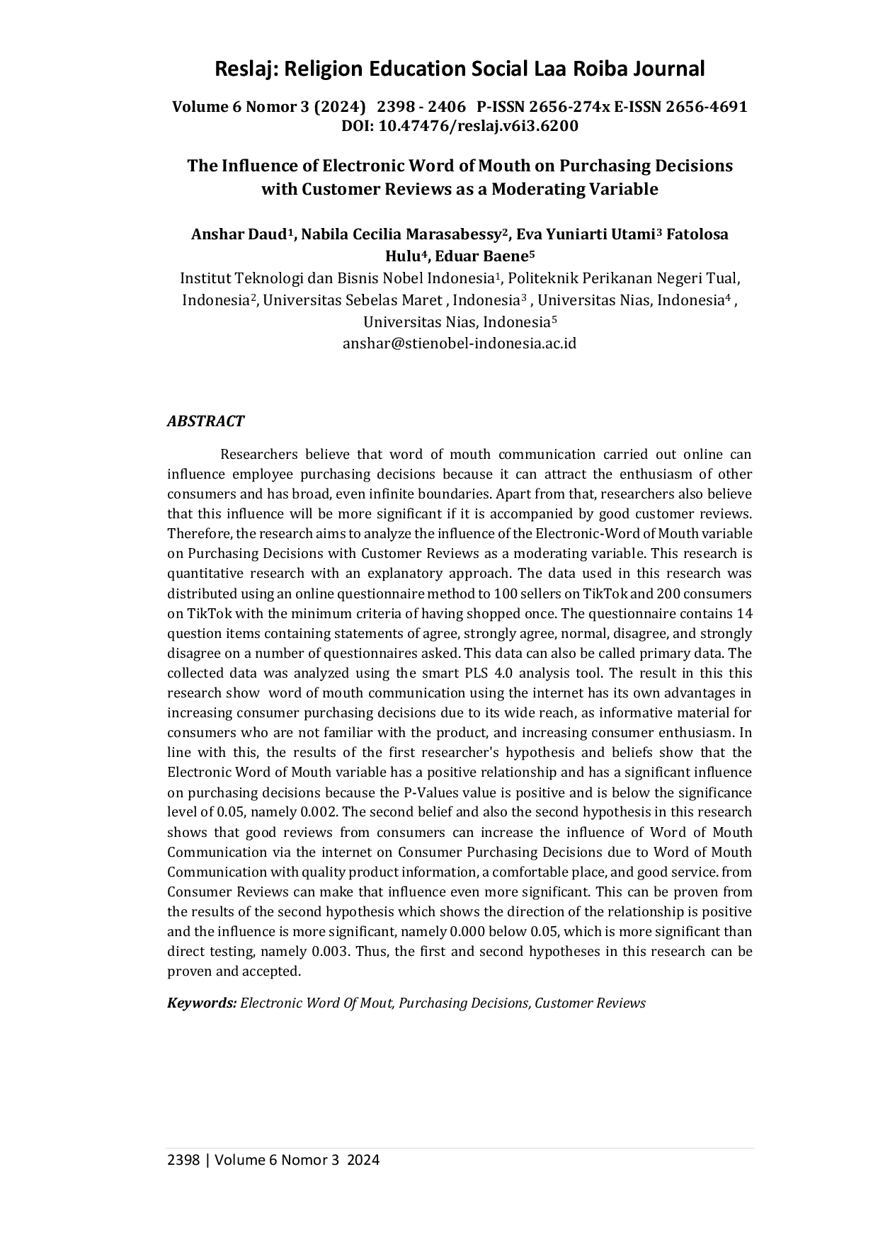 JURIS The Influence Of Electronic Word Of Mouth On Purchasing Decisions With Customer Reviews As A Moderating Variable