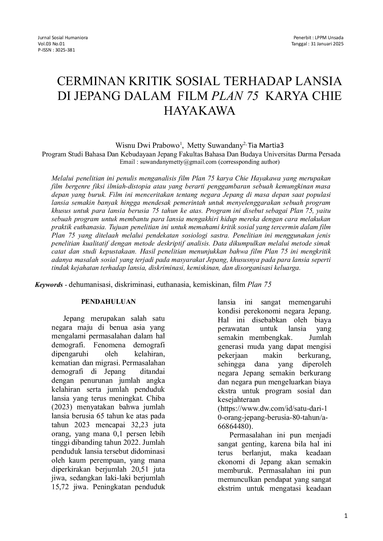 JURIS Cerminan Kritik Sosial Terhadap Lansia Di Jepang Dalam Film Plan 75 Karya Chie Hayakawa