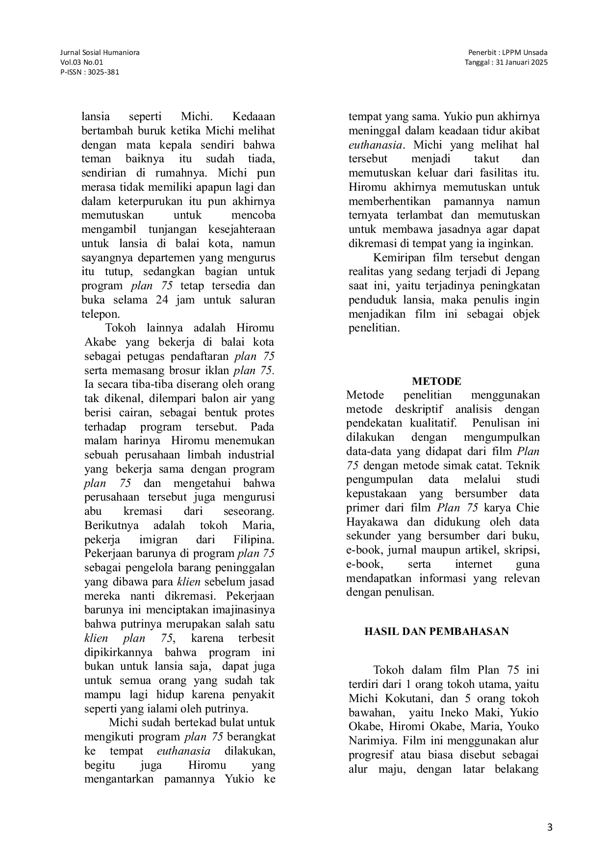 JURIS Cerminan Kritik Sosial Terhadap Lansia Di Jepang Dalam Film Plan 75 Karya Chie Hayakawa