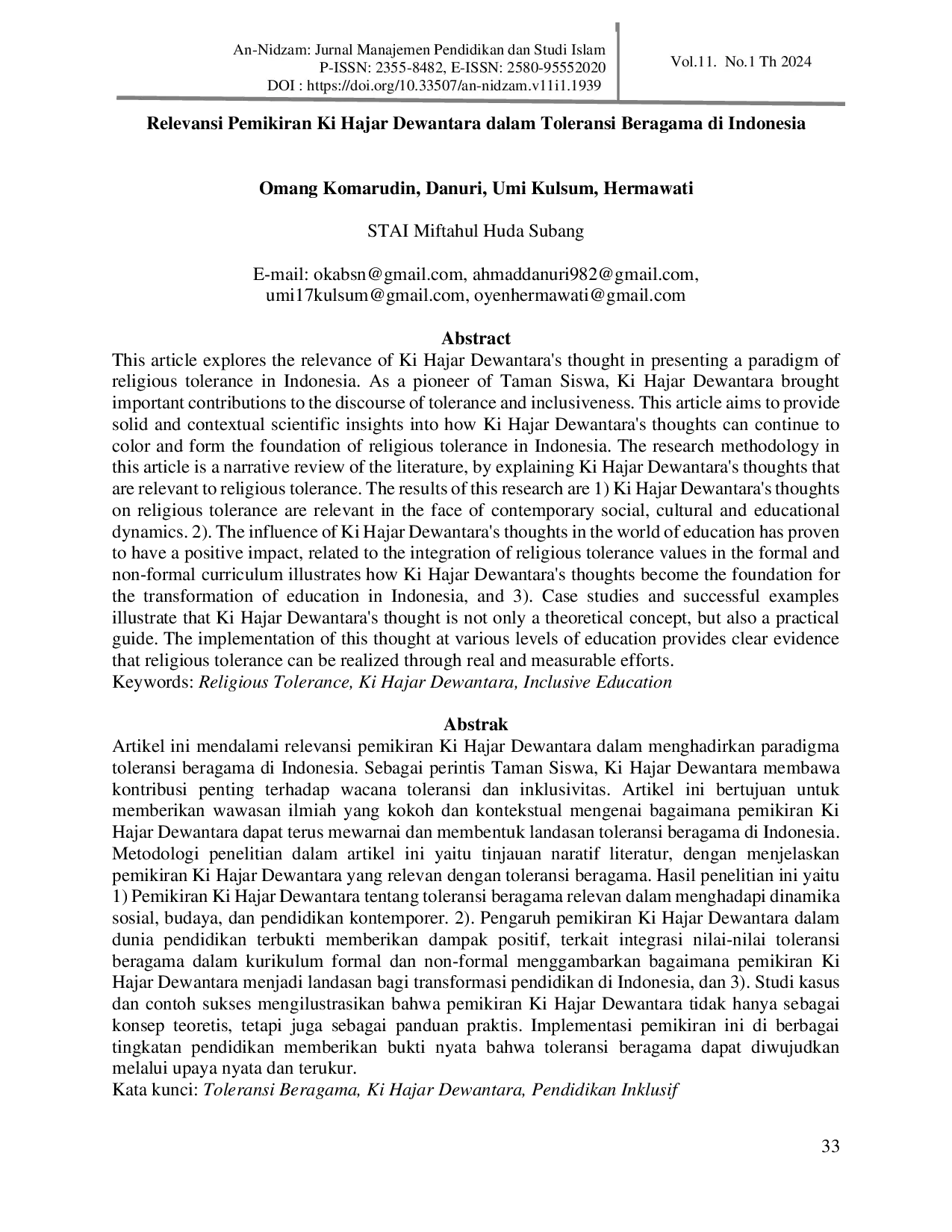 JURIS Relevansi Pemikiran Ki Hajar Dewantara dalam Toleransi Beragama di Indonesia