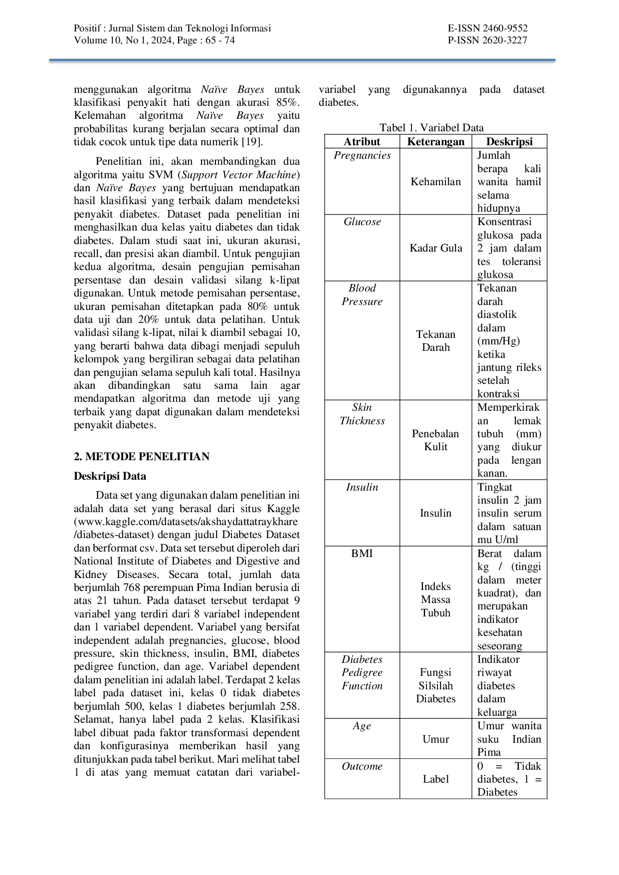 JURIS Comparison of Support Vector Machine SVM and Na ve Bayes Algorithms in Diabetes Disease Classification
