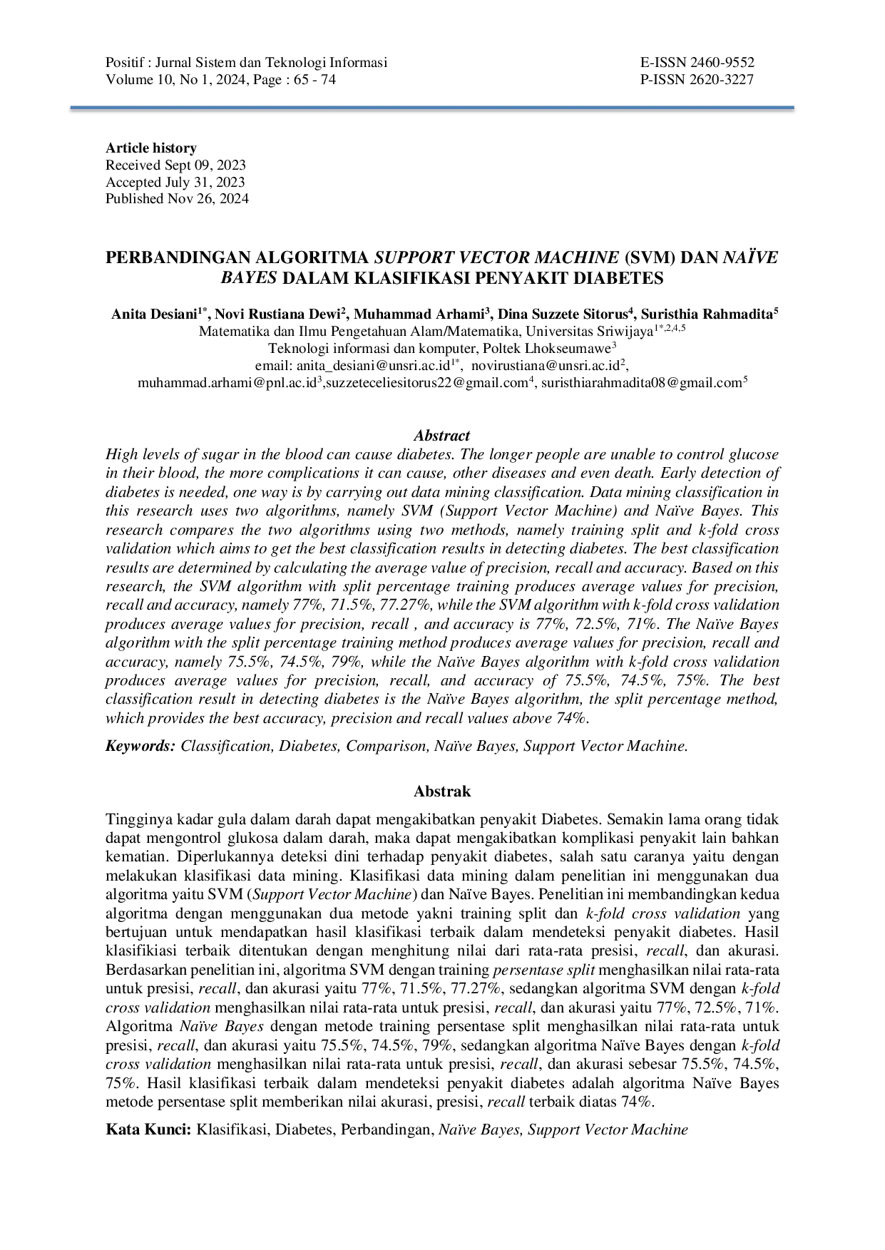 JURIS Comparison of Support Vector Machine SVM and Na ve Bayes Algorithms in Diabetes Disease Classification