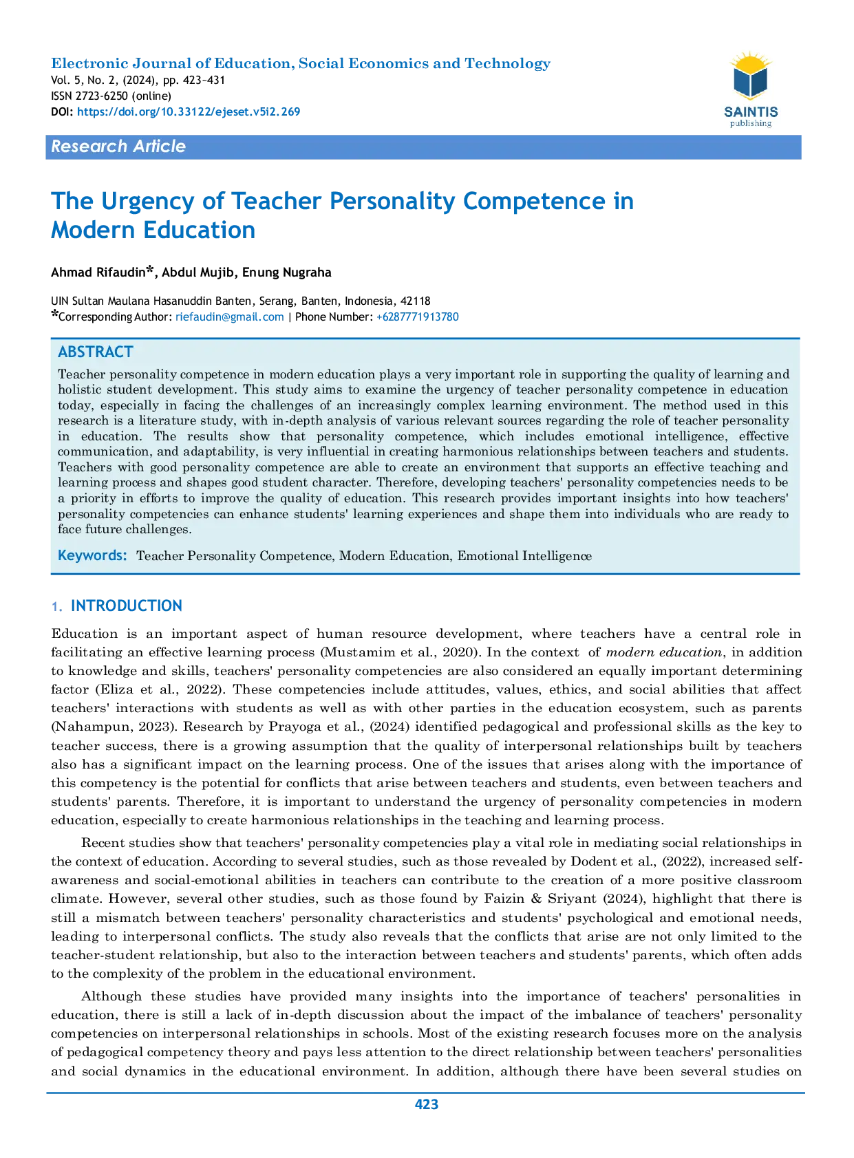 JURIS The Urgency of Teacher Personality Competence in Modern Education