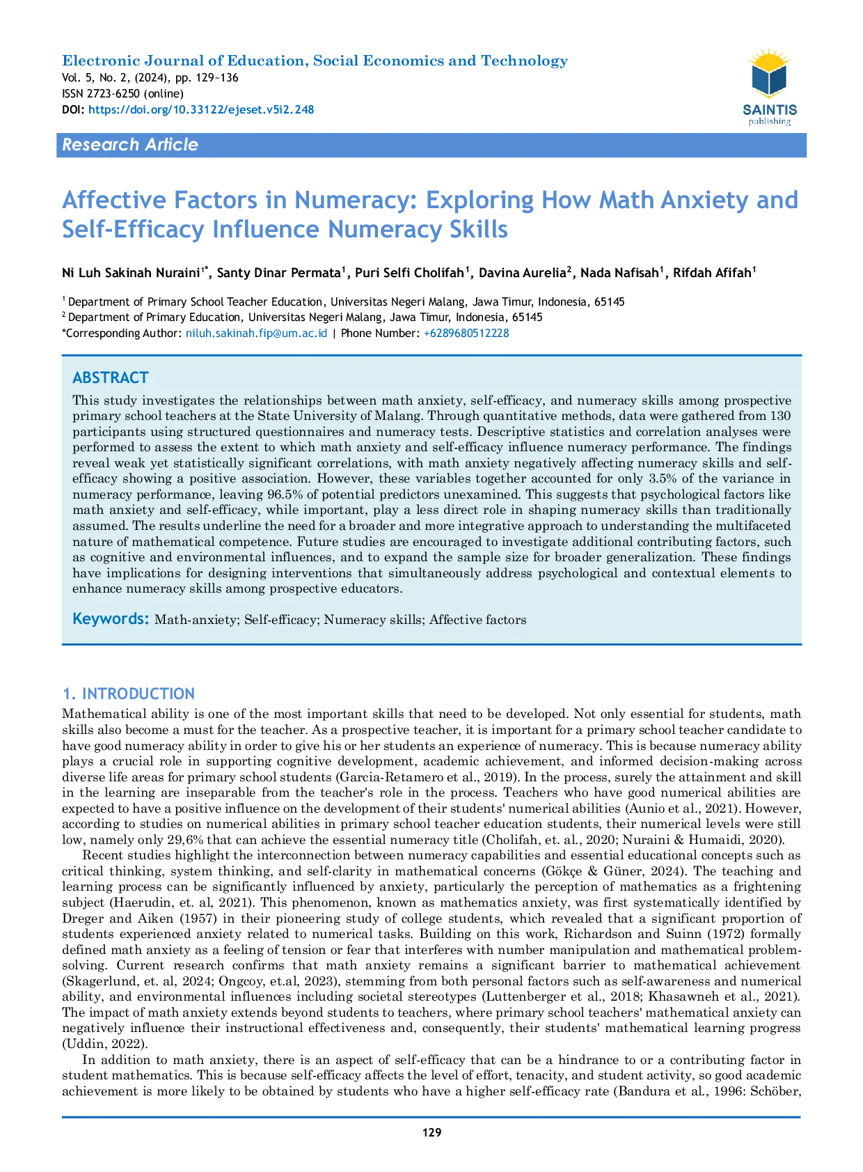 JURIS Affective Factors in Numeracy Exploring How Math Anxiety and Self Efficacy Influence Numeracy Skills